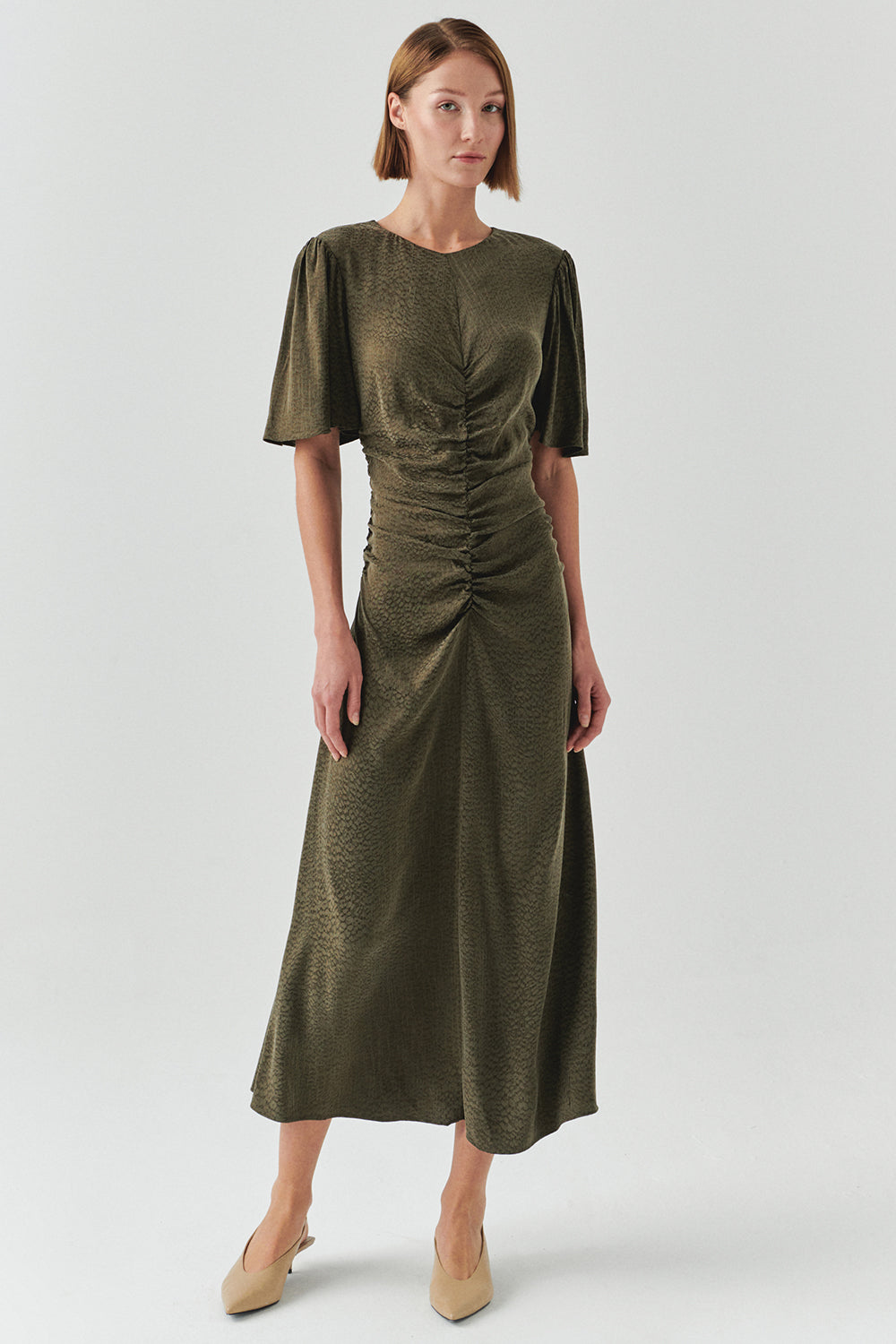 Exquise-Kısa Kollu Jakarlı Leopar Slim Fit Midi Haki Elbise-ELBİSE-1-Milagron.com