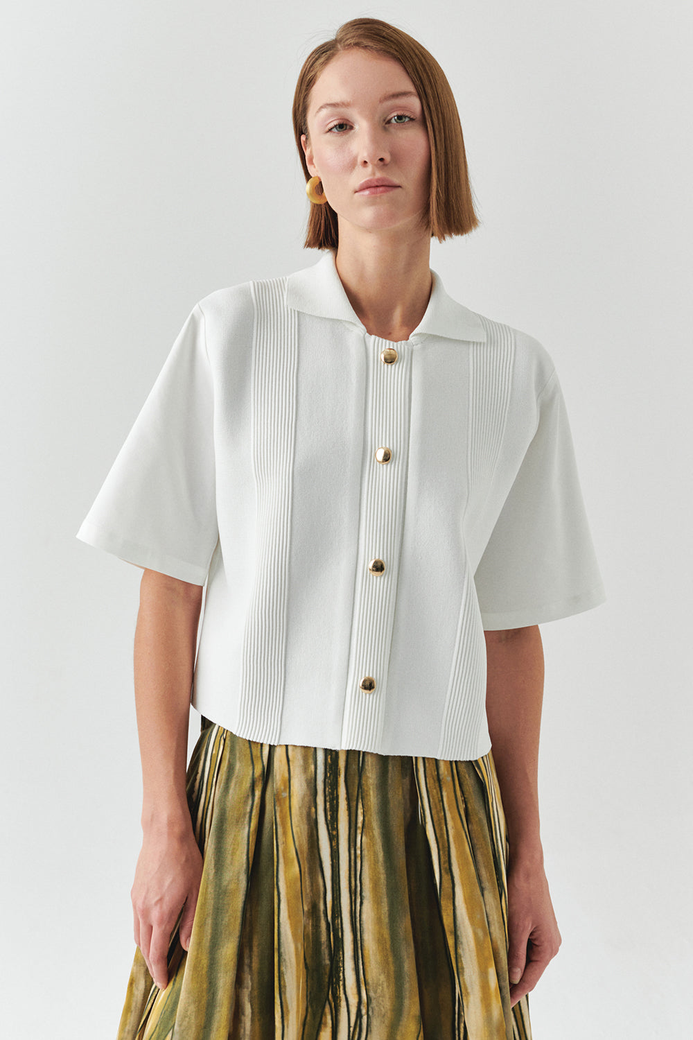 Exquise-Kısa Kollu Triko Garnili Poplin Regular Kemik Gömlek-GÖMLEK-1-Milagron.com