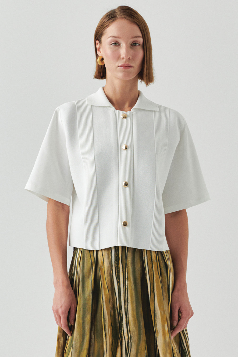 Exquise-Kısa Kollu Triko Garnili Poplin Regular Kemik Gömlek-GÖMLEK-2-Milagron.com