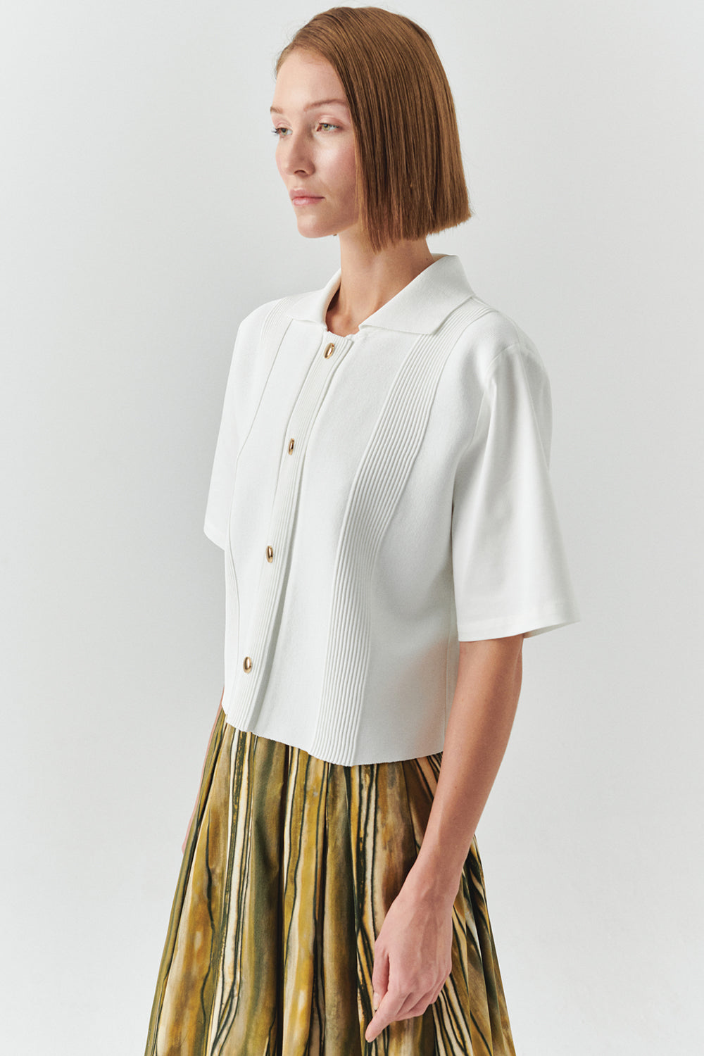 Exquise-Kısa Kollu Triko Garnili Poplin Regular Kemik Gömlek-GÖMLEK-3-Milagron.com