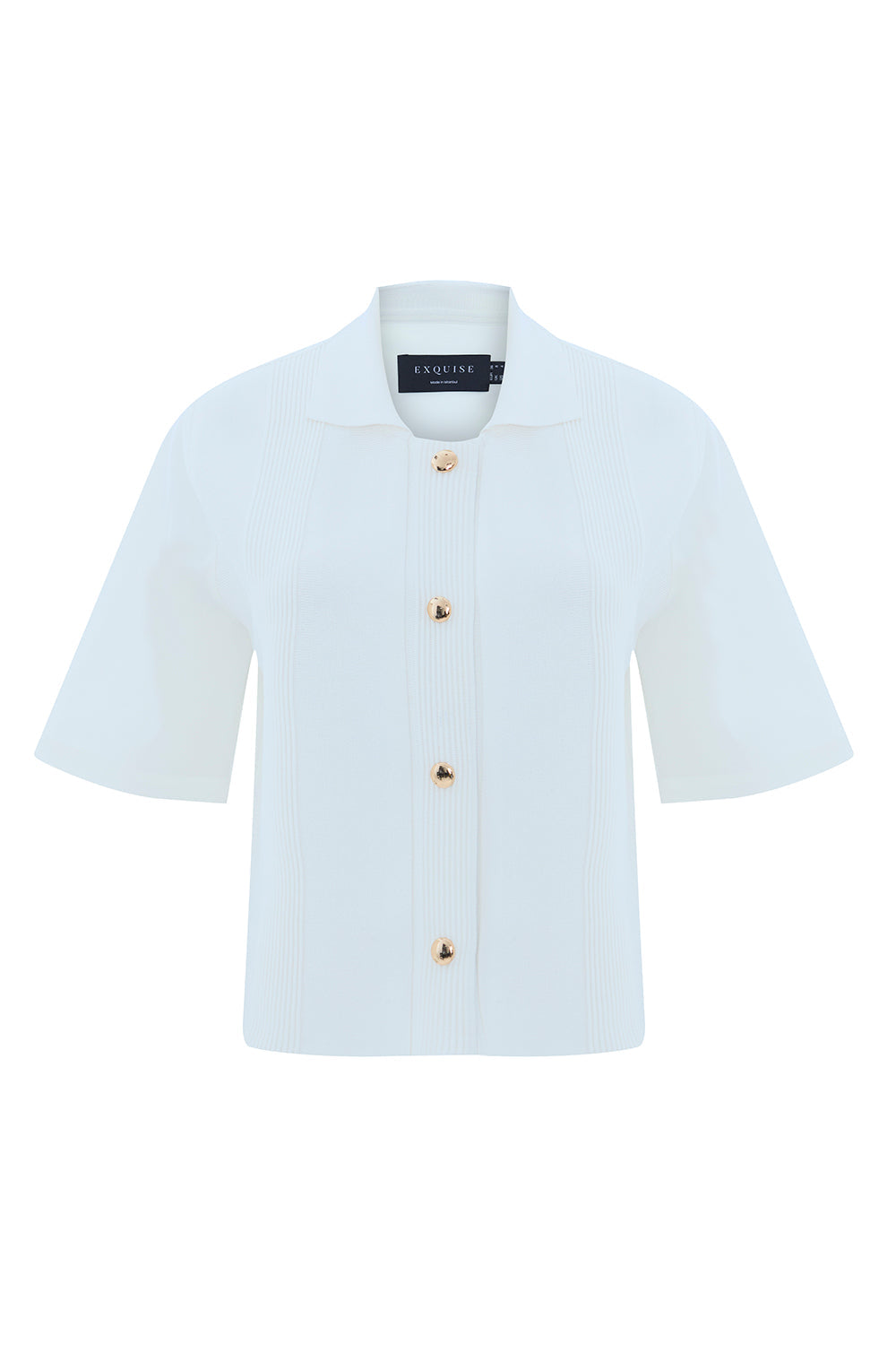 Exquise-Kısa Kollu Triko Garnili Poplin Regular Kemik Gömlek-GÖMLEK-7-Milagron.com
