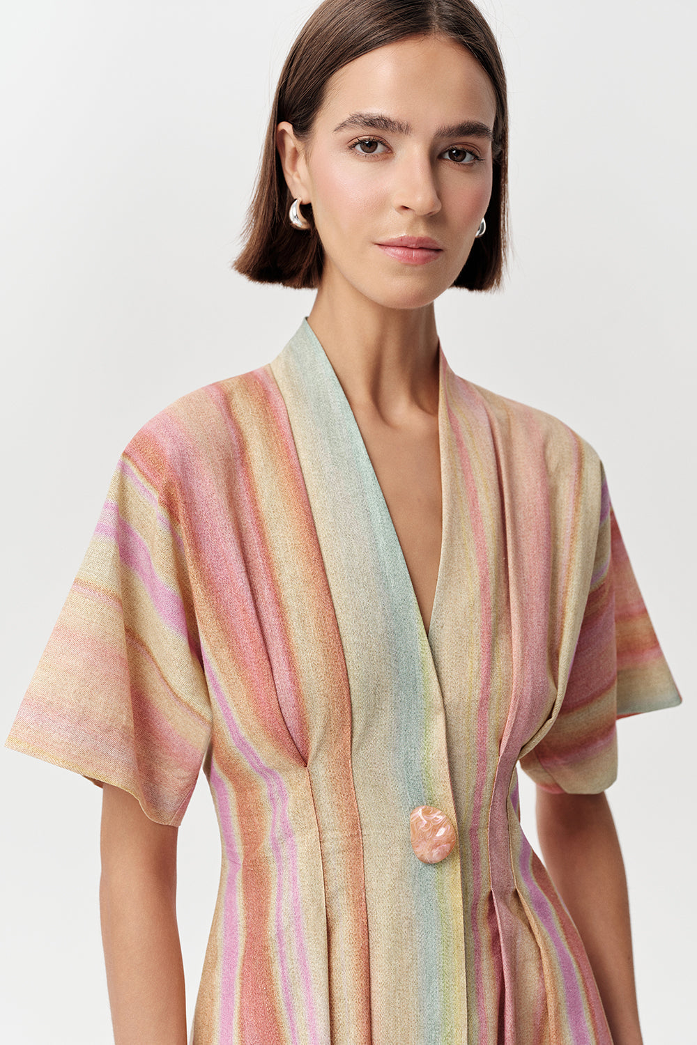 Kısa Kollu V Yaka Keten Karışımlı Regular Midi Çok Renkli Elbise