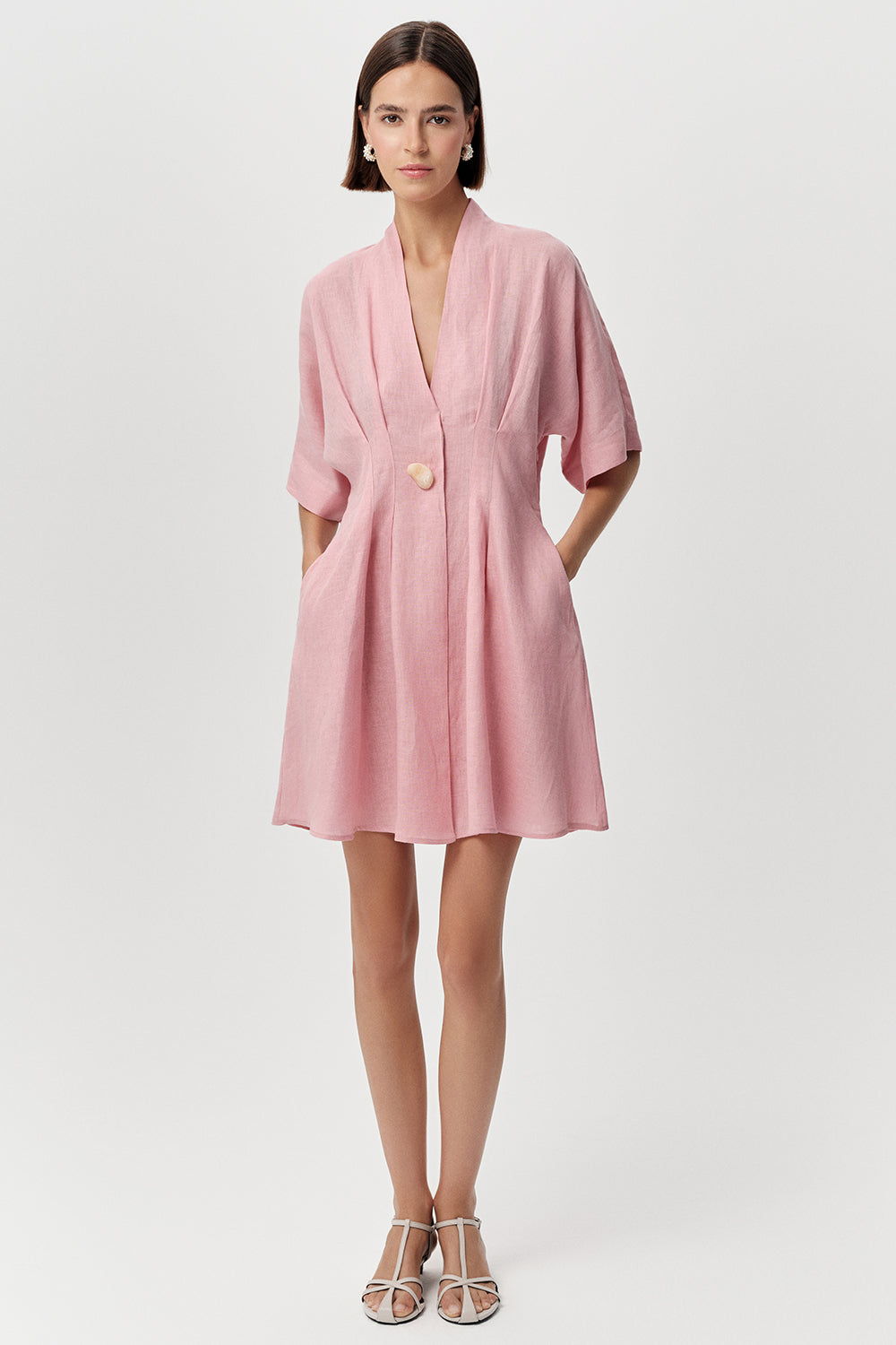 Kısa Kollu V Yaka Keten Karışımlı Regular Mini Pembe Elbise