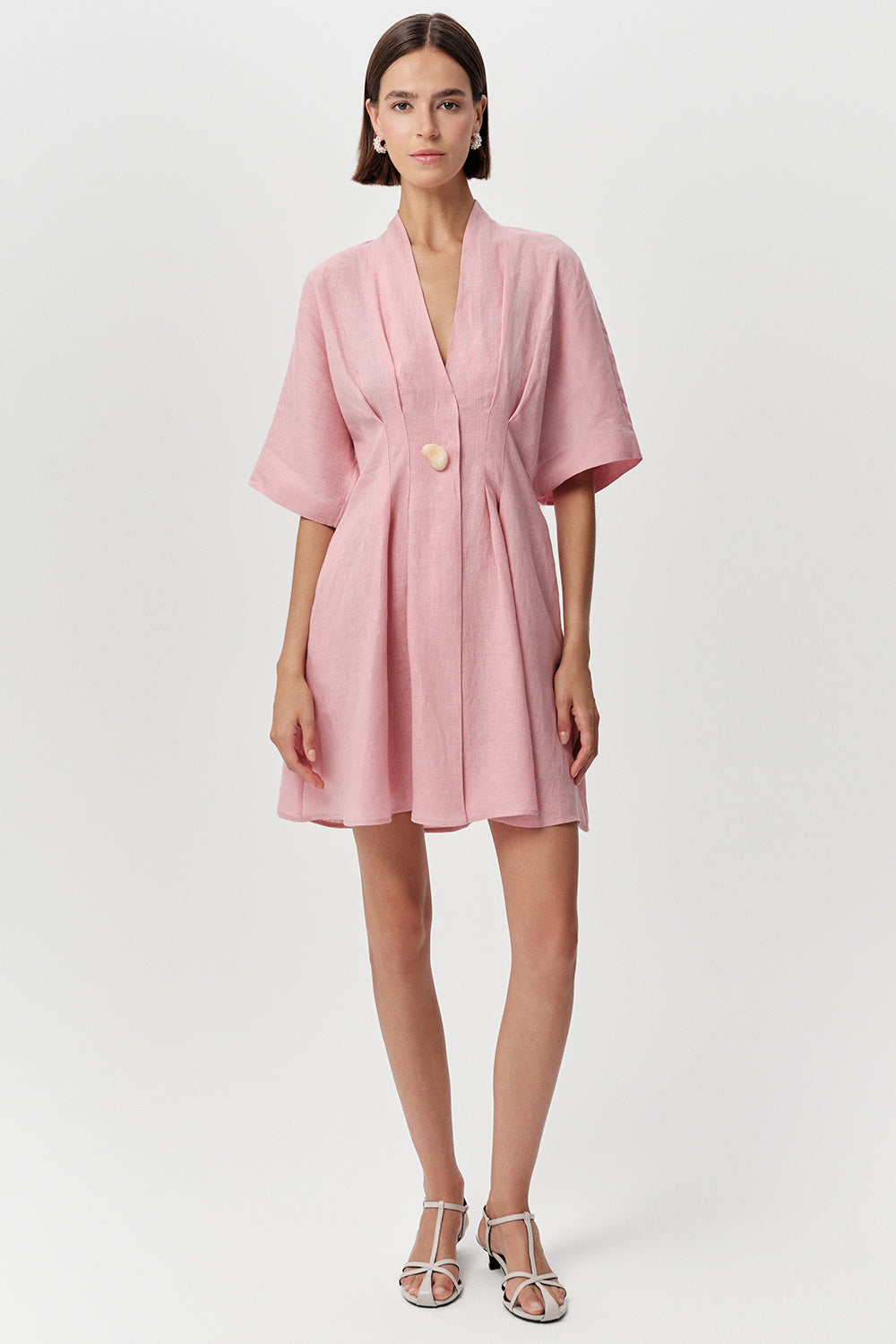 Kısa Kollu V Yaka Keten Karışımlı Regular Mini Pembe Elbise