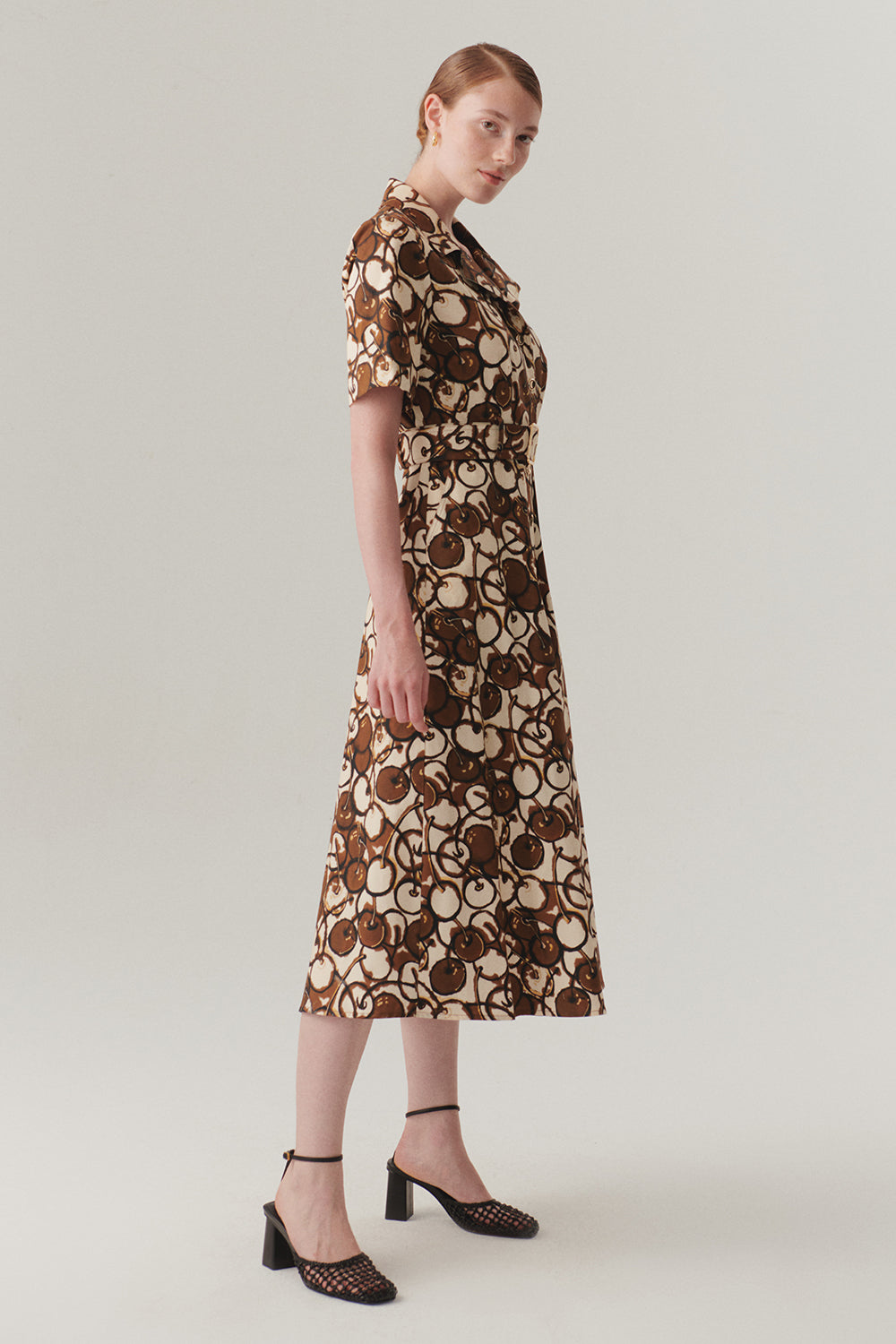 Exquise-Kısa Kollu önden Düğmeli Pamuklu Kumaş Desenli Elbise-ELBİSE-4-Milagron.com