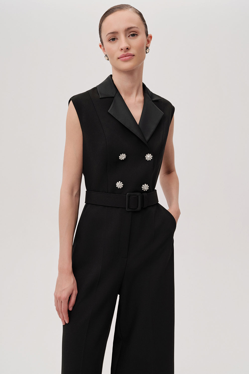 Exquise-Kolsuz Kemerli Slim Fit Geniş Paça Siyah Tulum-TULUM-5-Milagron.com