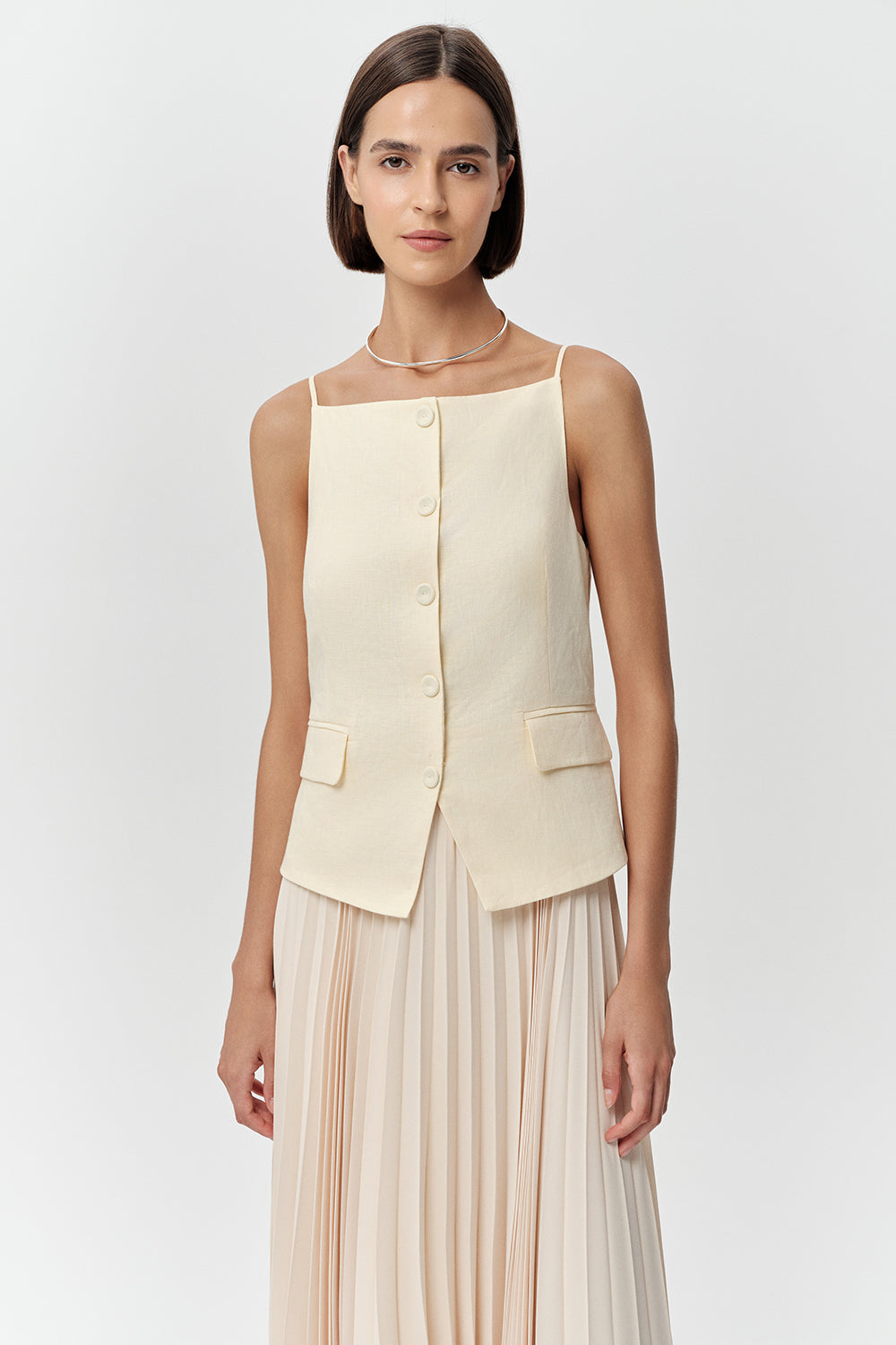 Kolsuz Pliseli Keten Garnili Regular Midi Tereyağı Elbise