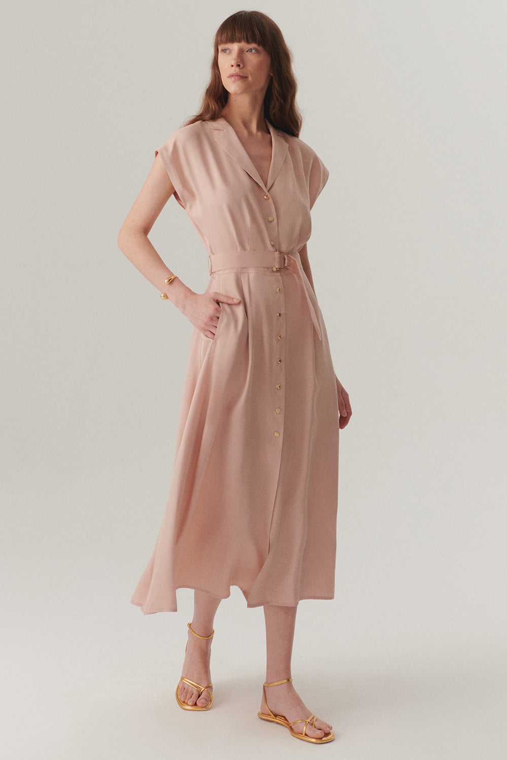Exquise-Kolsuz önden Düğmeli Kemerli Modal Kumaş Midi Pembe Elbise-ELBİSE-3-Milagron.com
