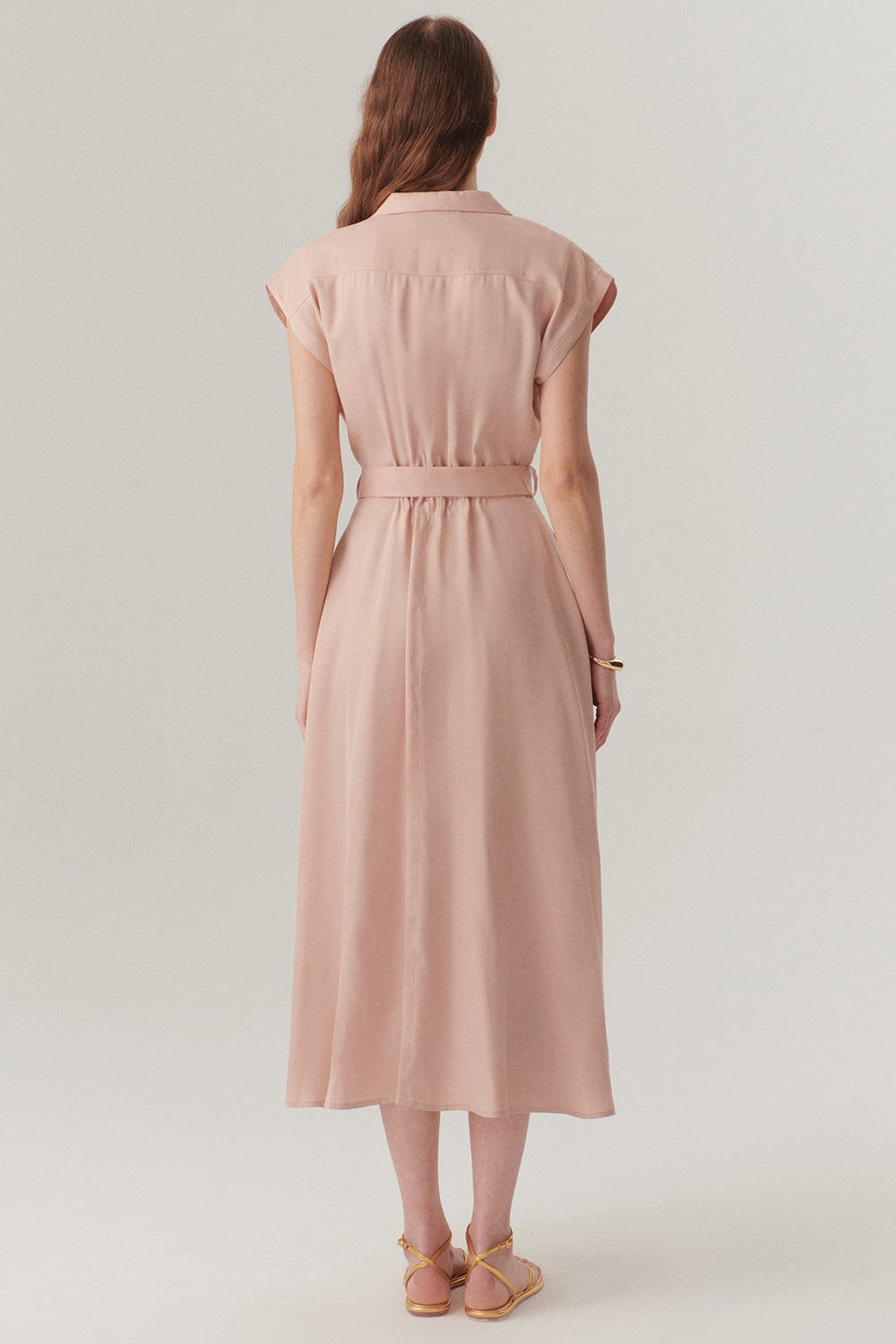 Exquise-Kolsuz önden Düğmeli Kemerli Modal Kumaş Midi Pembe Elbise-ELBİSE-5-Milagron.com