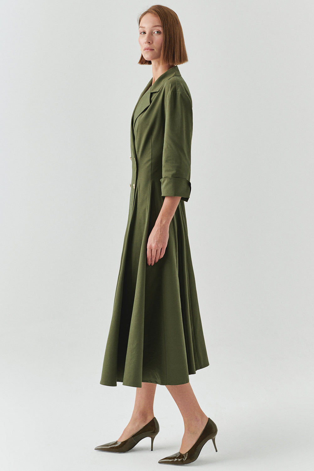 Exquise-Kruvaze Kesim Gold Düğmeli Regular Haki Midi Elbise-ELBİSE-3-Milagron.com