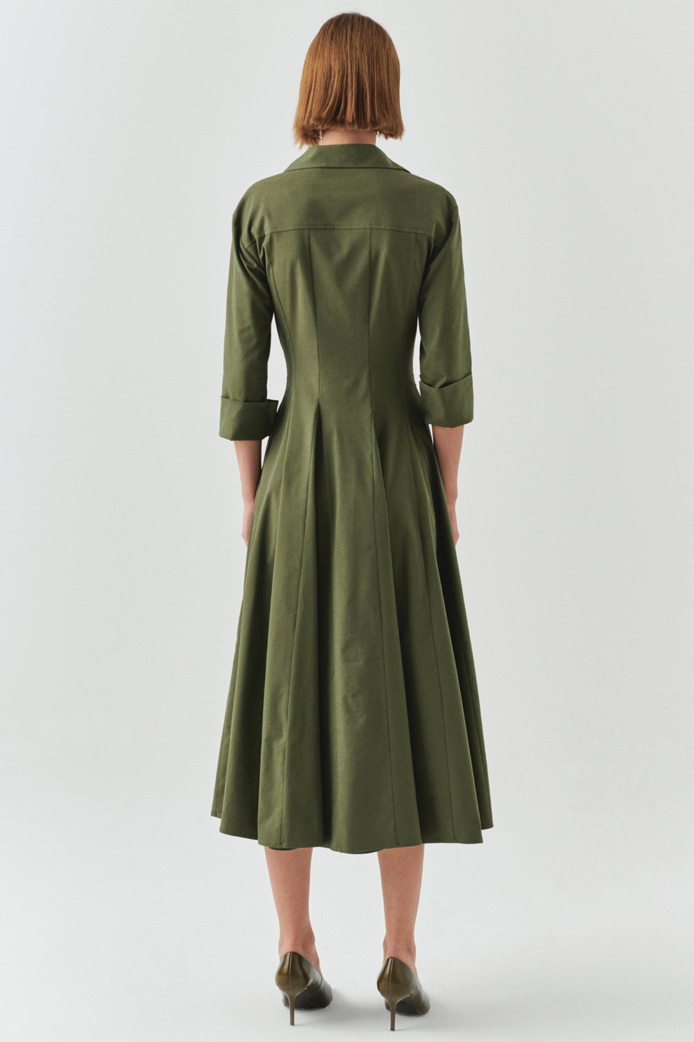 Exquise-Kruvaze Kesim Gold Düğmeli Regular Haki Midi Elbise-ELBİSE-4-Milagron.com