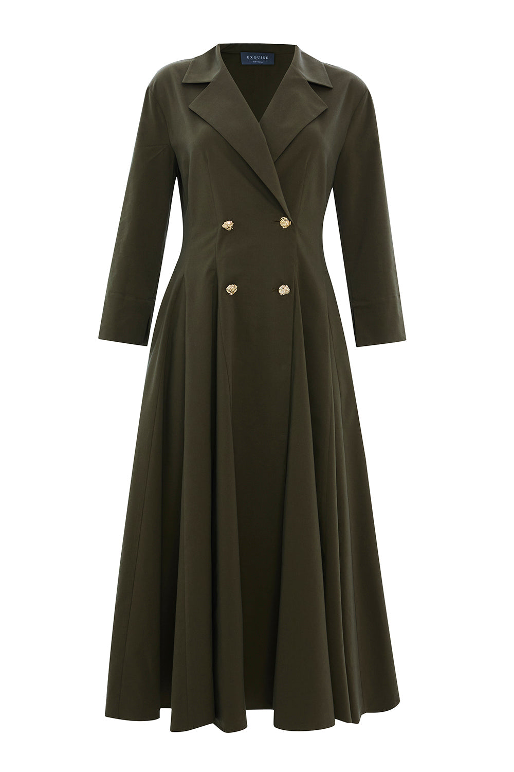 Exquise-Kruvaze Kesim Gold Düğmeli Regular Haki Midi Elbise-ELBİSE-6-Milagron.com