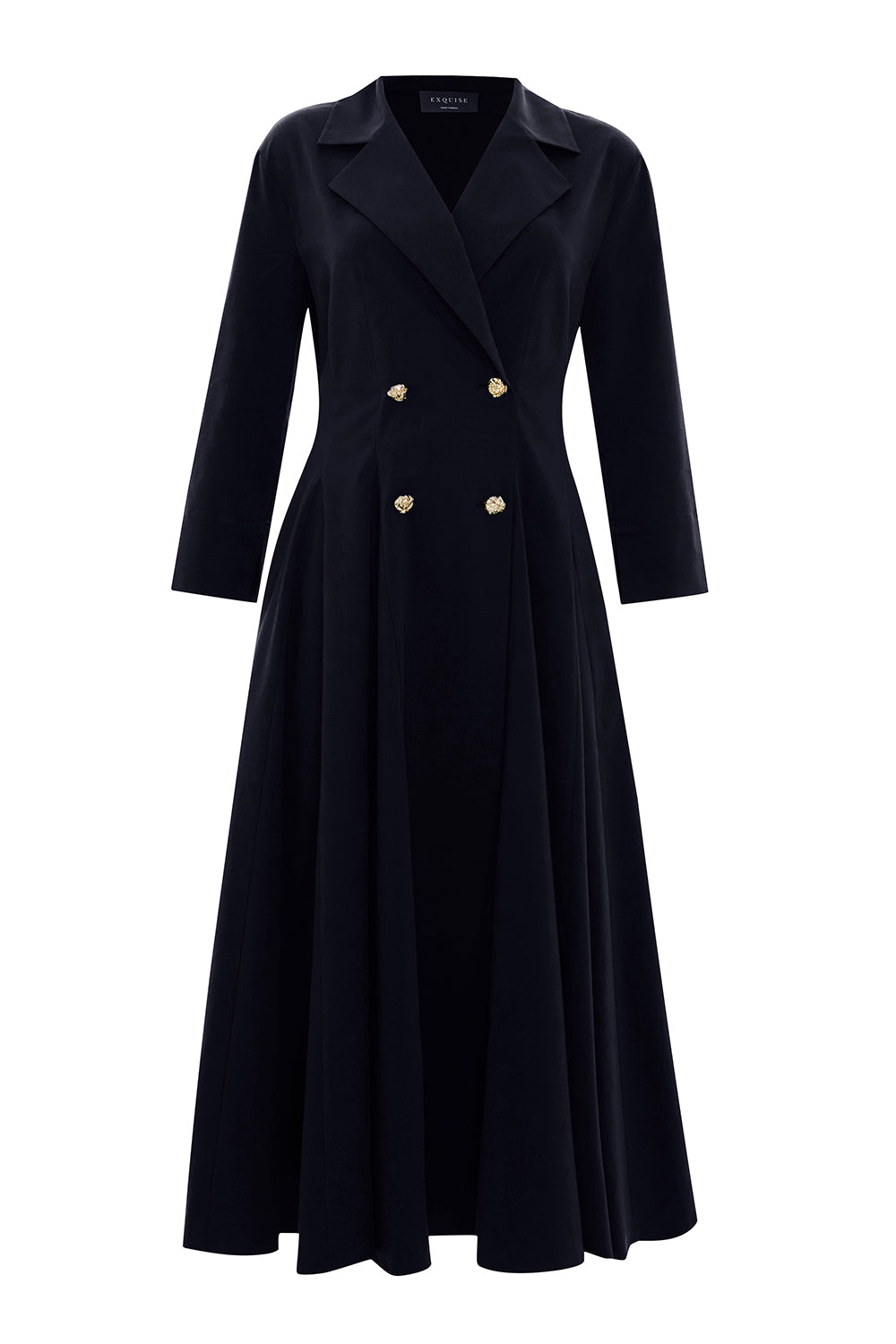 Exquise-Kruvaze Kesim Gold Düğmeli Regular Siyah Midi Elbise-ELBİSE-6-Milagron.com