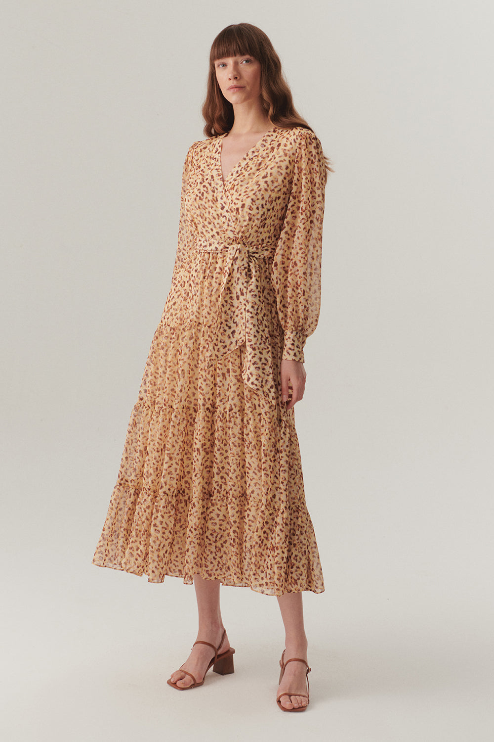 Exquise-Kruvaze Yaka Geniş Kollu Midi Boy Desenli şifon Elbise-ELBİSE-3-Milagron.com