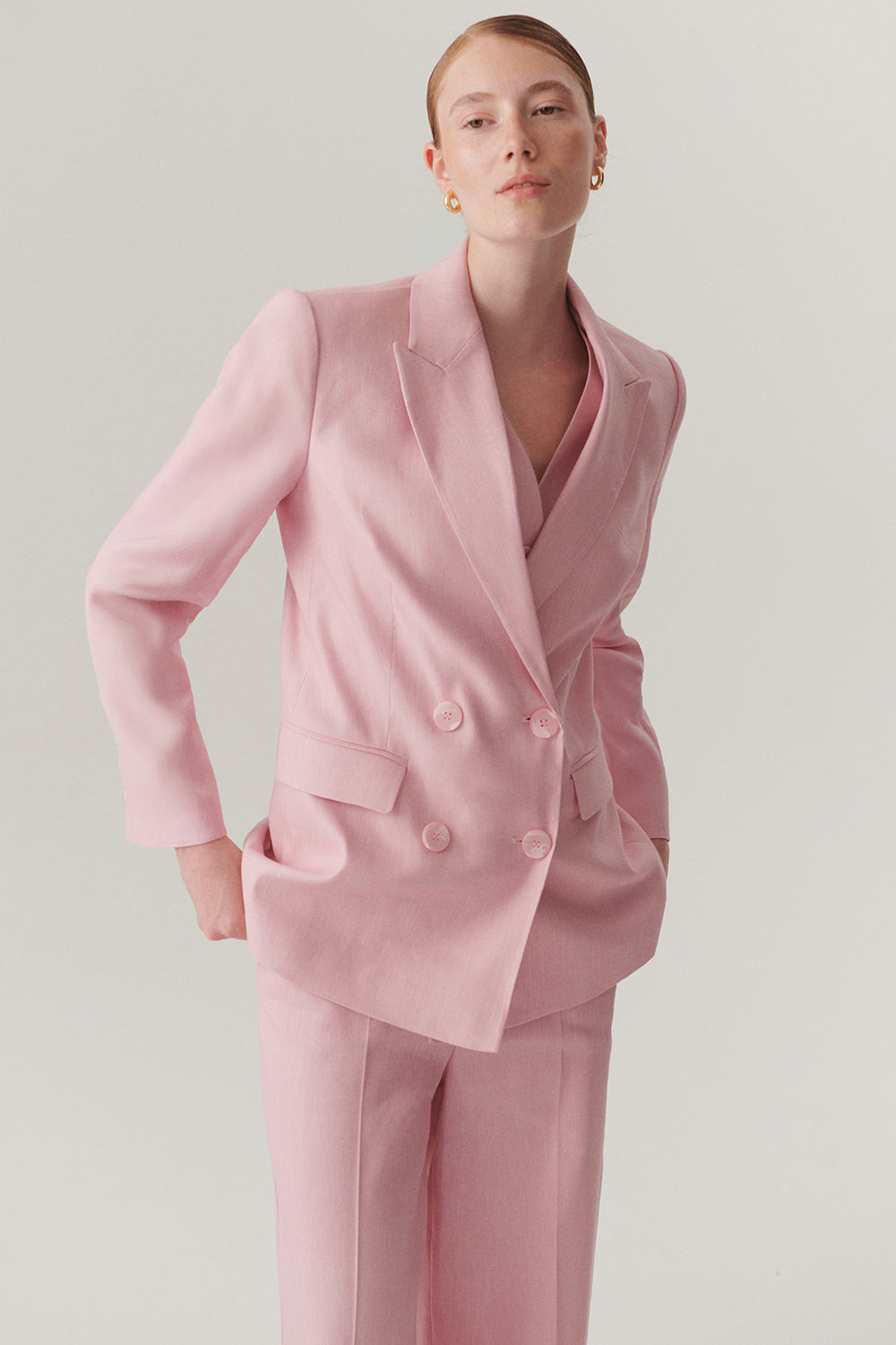 Exquise-Kruvaze Yaka Keten Regular Pembe Blazer Ceket-CEKET-2-Milagron.com