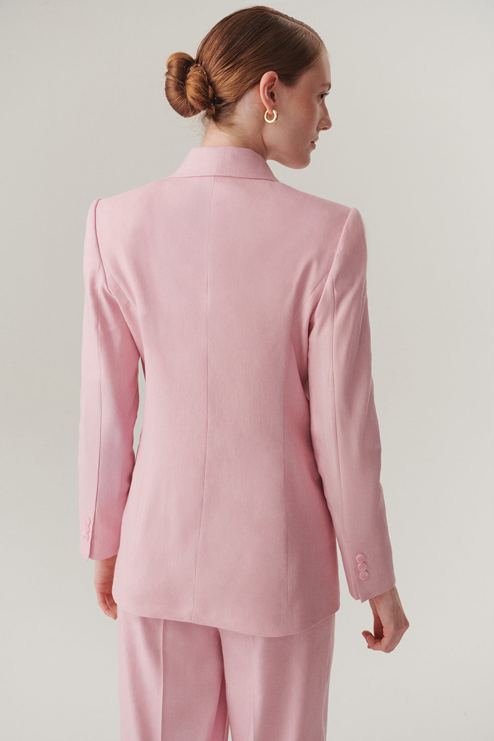 Exquise-Kruvaze Yaka Keten Regular Pembe Blazer Ceket-CEKET-3-Milagron.com