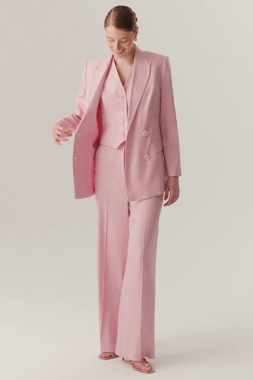 Exquise-Kruvaze Yaka Keten Regular Pembe Blazer Ceket-CEKET-5-Milagron.com