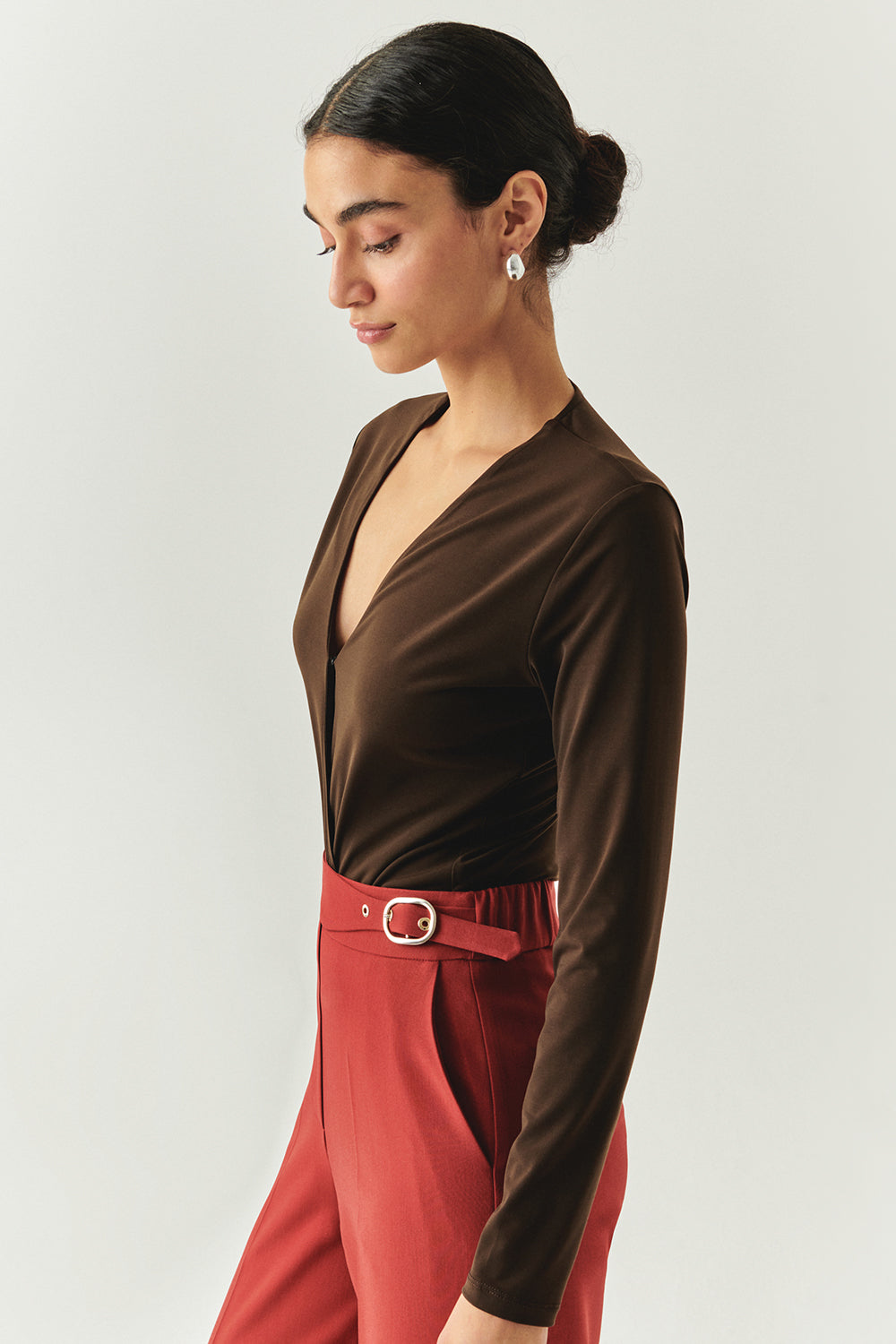 Exquise-Kruvaze Yaka Uzun Kollu Regular örme Kahve Bluz-BLUZ-2-Milagron.com