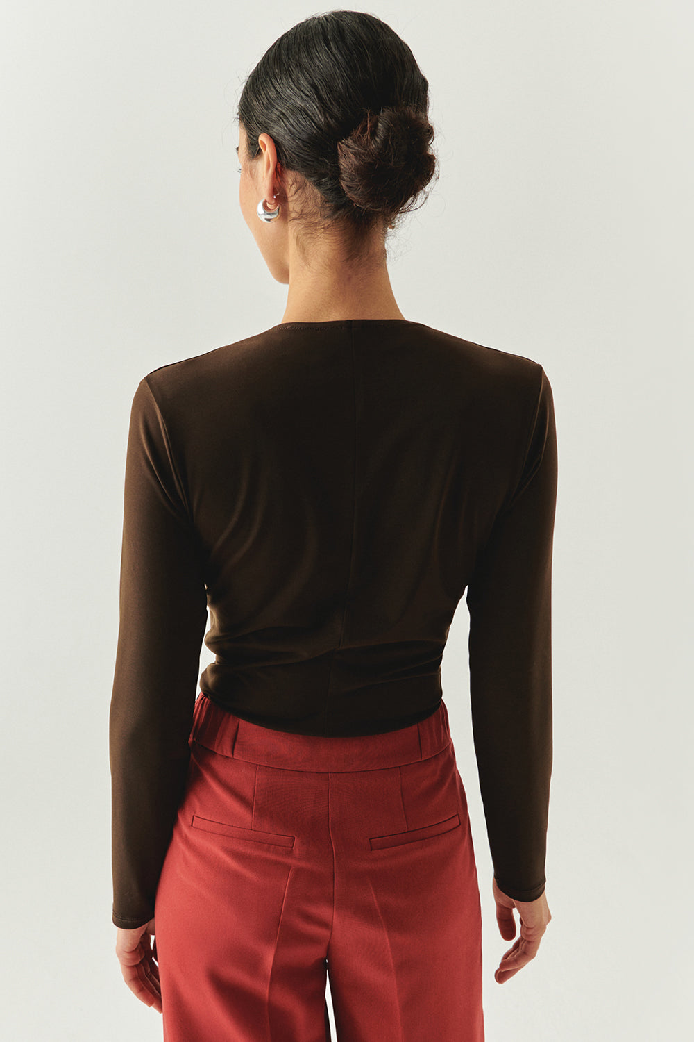 Exquise-Kruvaze Yaka Uzun Kollu Regular örme Kahve Bluz-BLUZ-3-Milagron.com