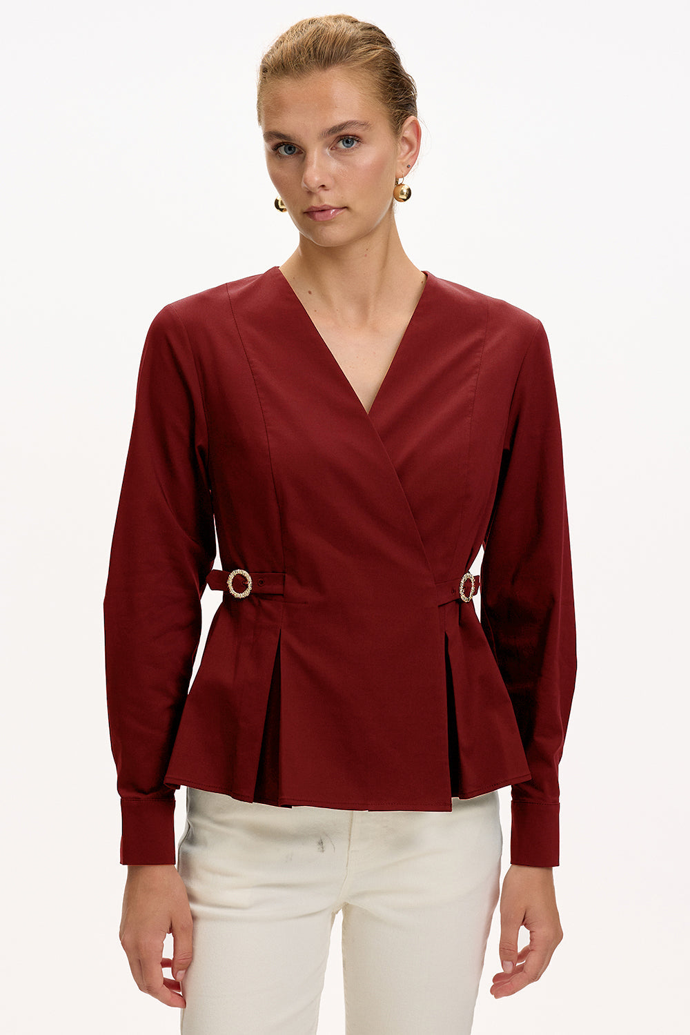 Exquise-Kruvaze Yaka Uzun Kollu Slim Fit Bordo Gömlek-GÖMLEK-1-Milagron.com