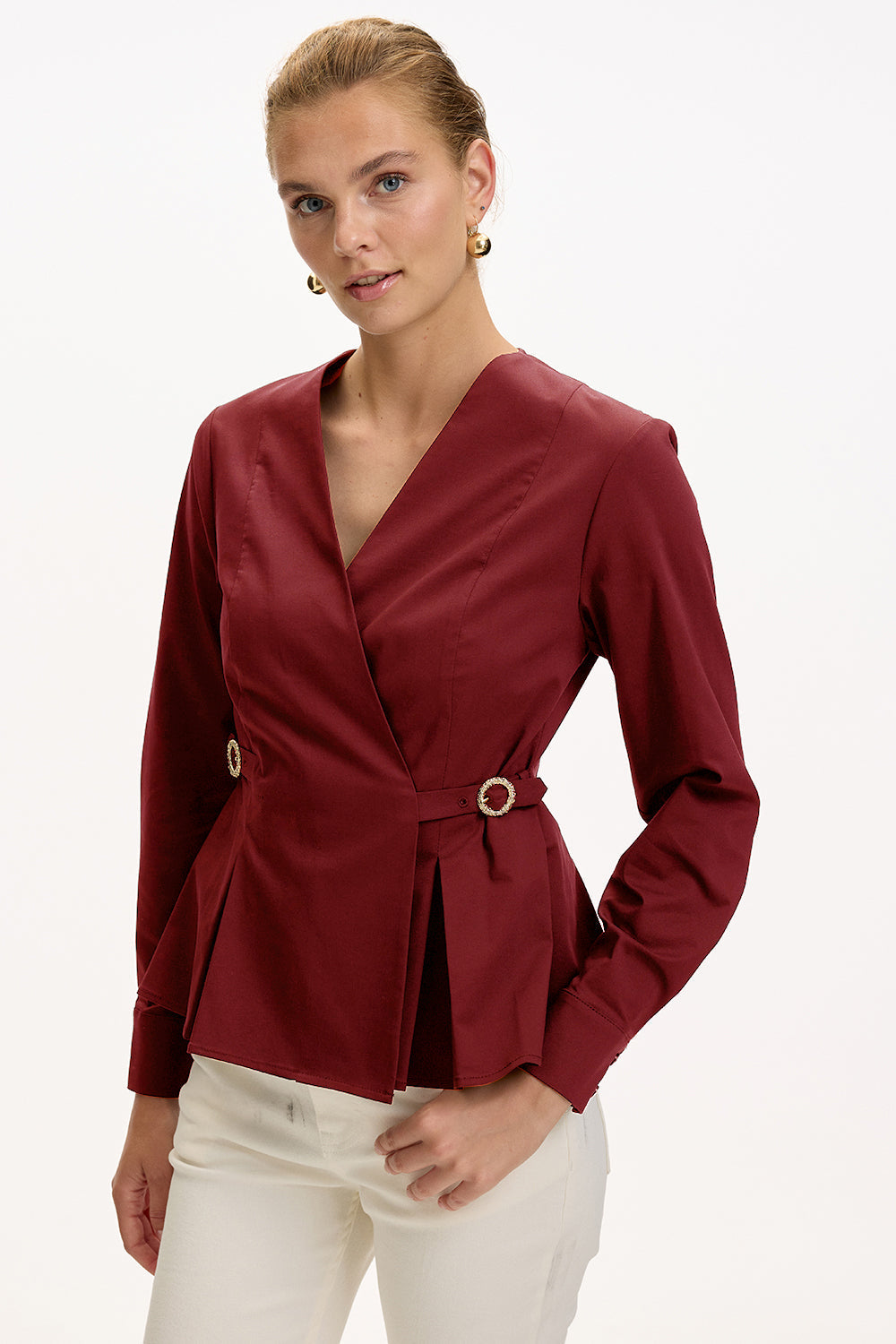 Exquise-Kruvaze Yaka Uzun Kollu Slim Fit Bordo Gömlek-GÖMLEK-2-Milagron.com