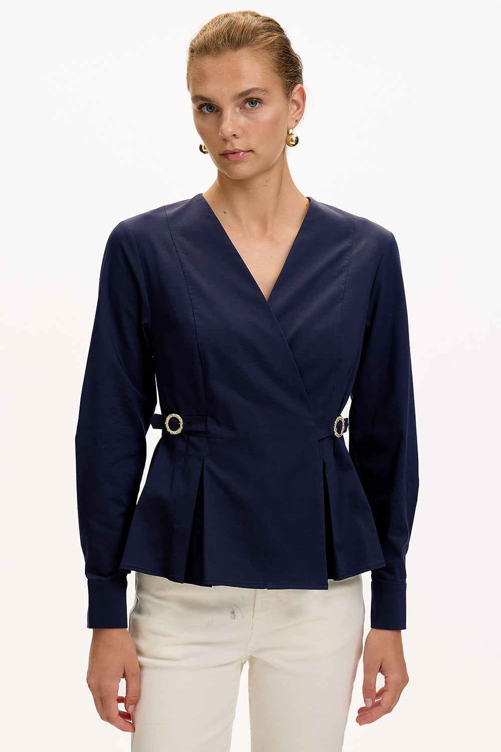 Exquise-Kruvaze Yaka Uzun Kollu Slim Fit Lacivert Gömlek-GÖMLEK-1-Milagron.com