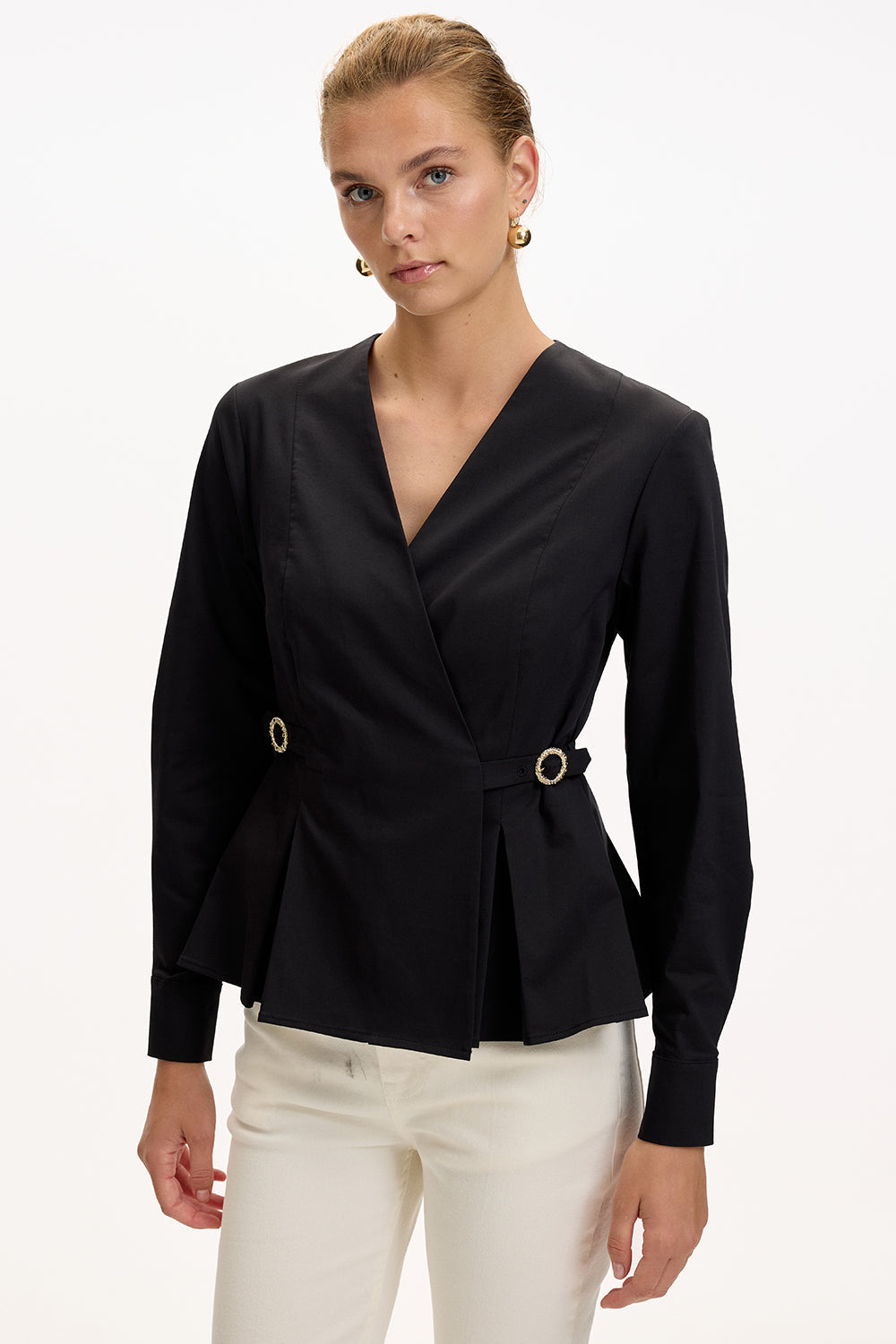 Exquise-Kruvaze Yaka Uzun Kollu Slim Fit Siyah Gömlek-GÖMLEK-3-Milagron.com