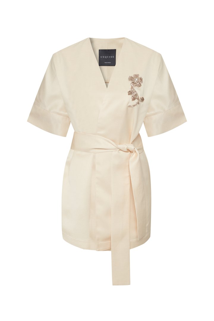 Exquise-Kruvaze Yaka Yarasa Kol İşleme Detaylı Rahat Kalıp Bej Ceket-Ceket-6-Milagron.com