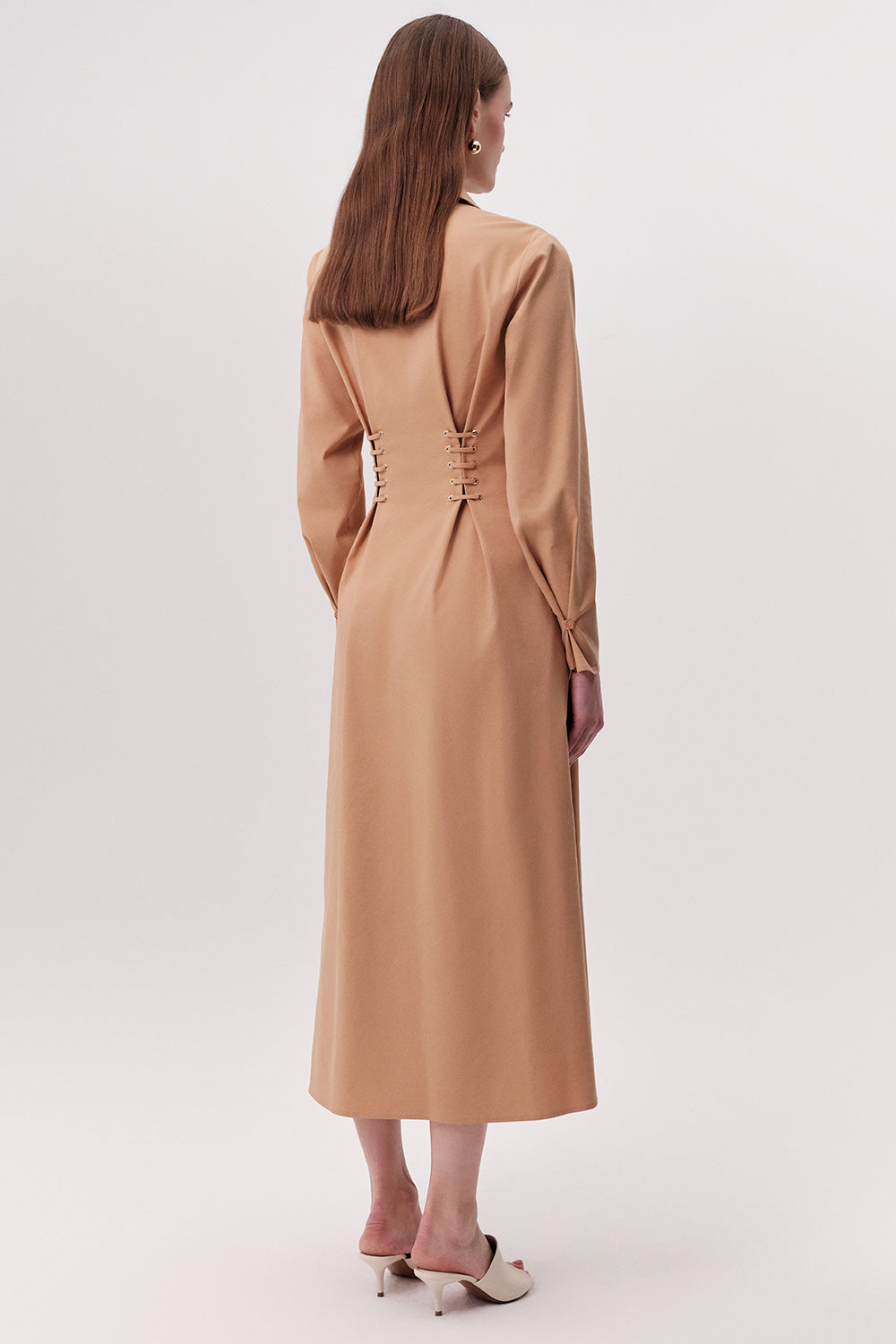 Kuş Gözü Detaylı Cepli Gömlek Yaka Regular Midi Camel Elbise