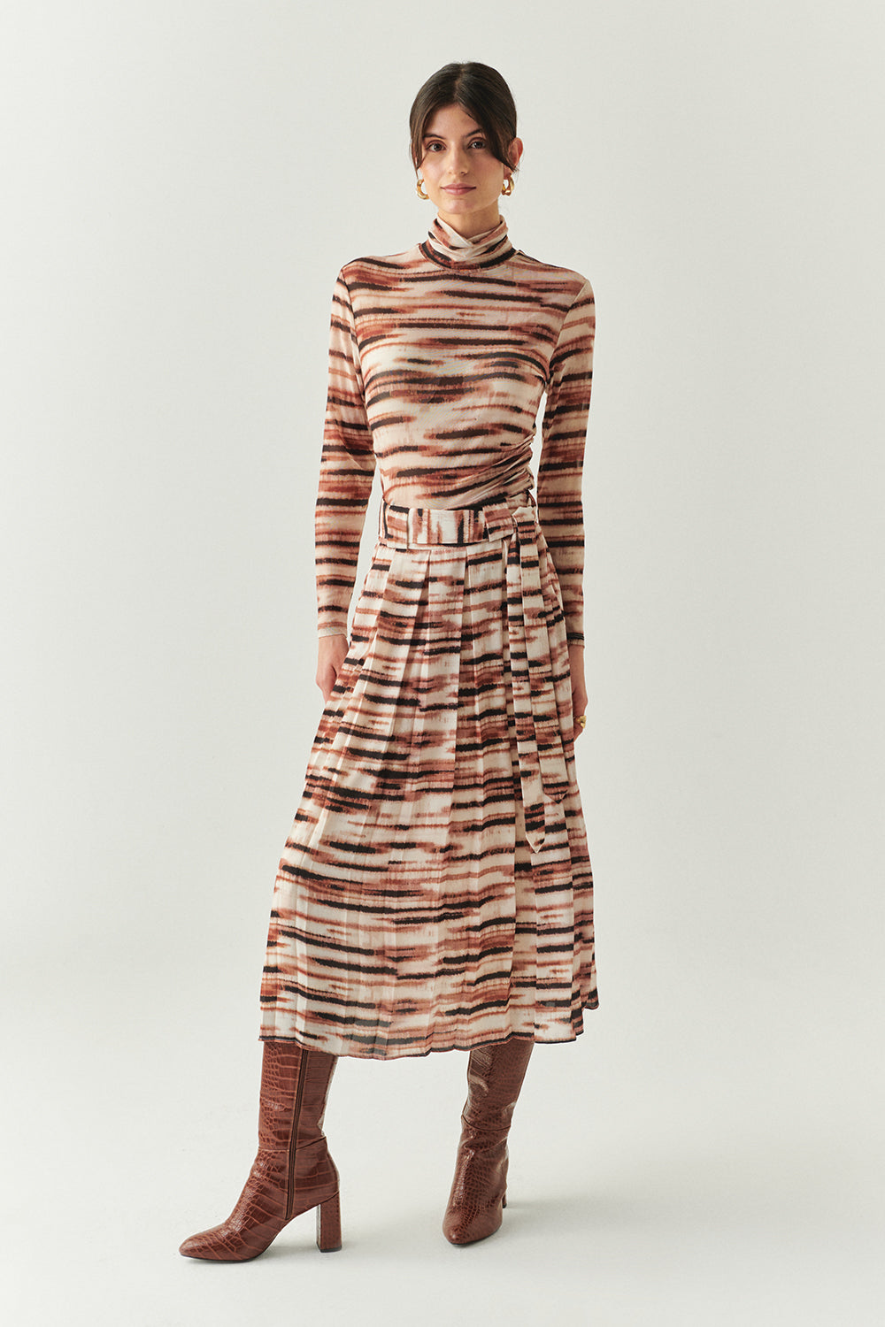 Exquise-Kuşaklı Astarlı Regular Midi Pileli Desenli Etek-ETEK-1-Milagron.com