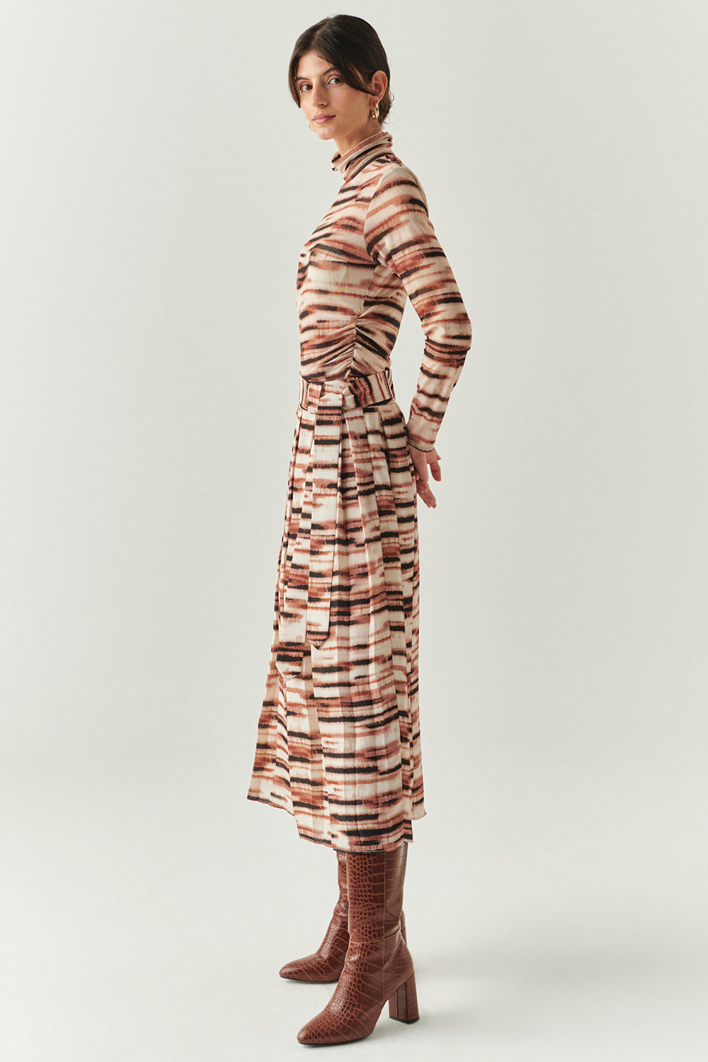 Exquise-Kuşaklı Astarlı Regular Midi Pileli Desenli Etek-ETEK-2-Milagron.com