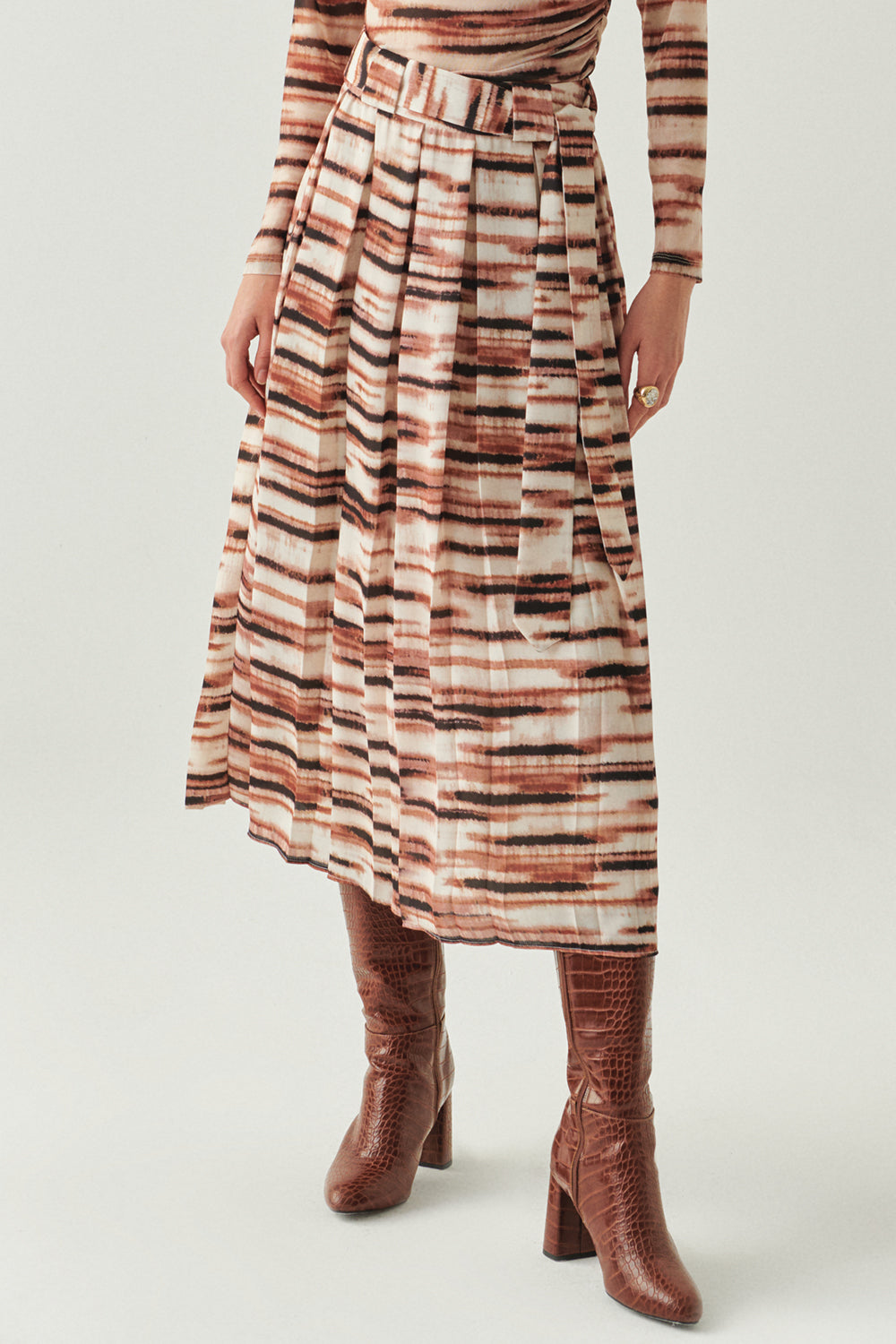 Exquise-Kuşaklı Astarlı Regular Midi Pileli Desenli Etek-ETEK-4-Milagron.com