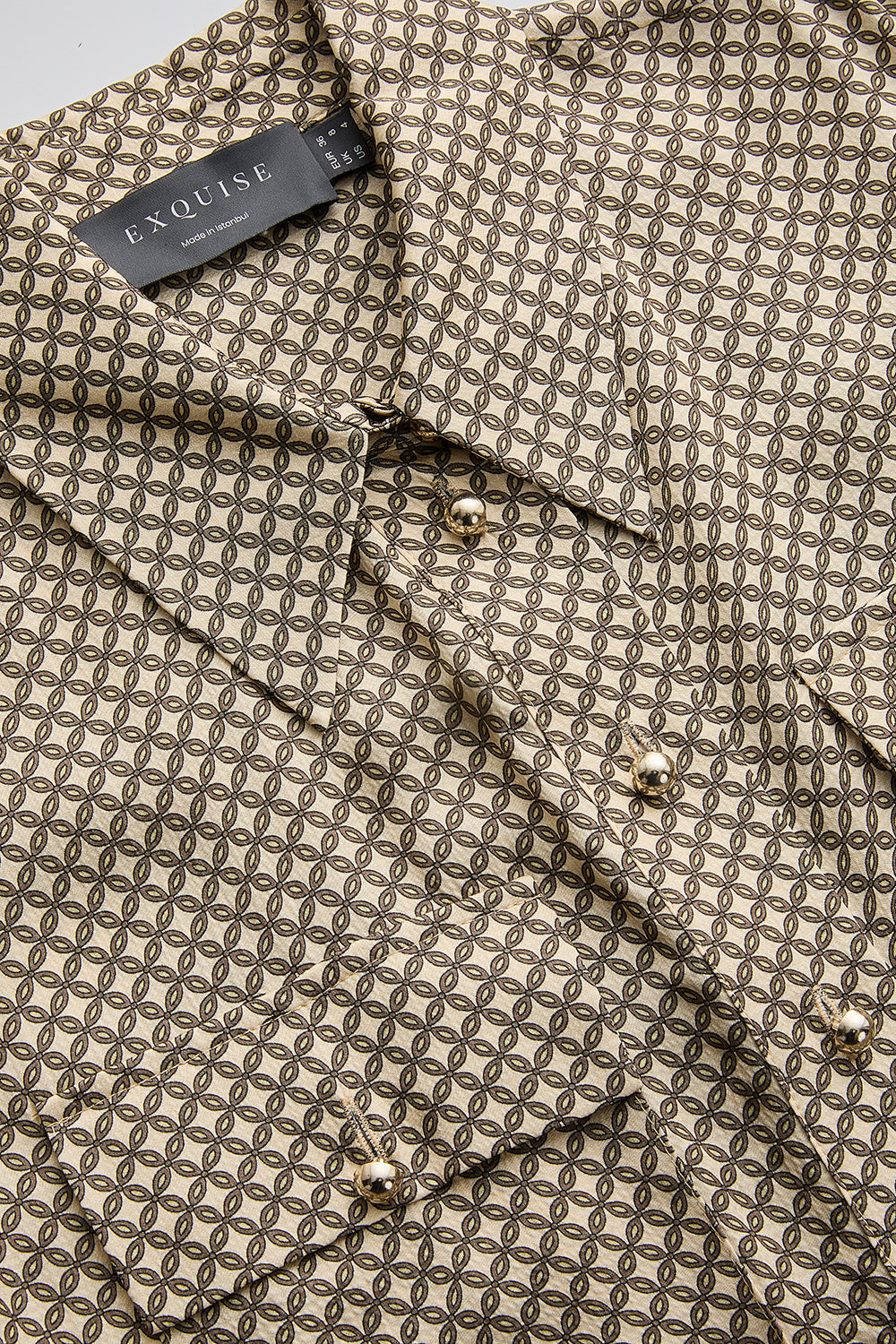 Exquise-Kuşaklı Desenli Gömlek Yaka Kısa Kollu Regular Midi Elbise-ELBİSE-6-Milagron.com