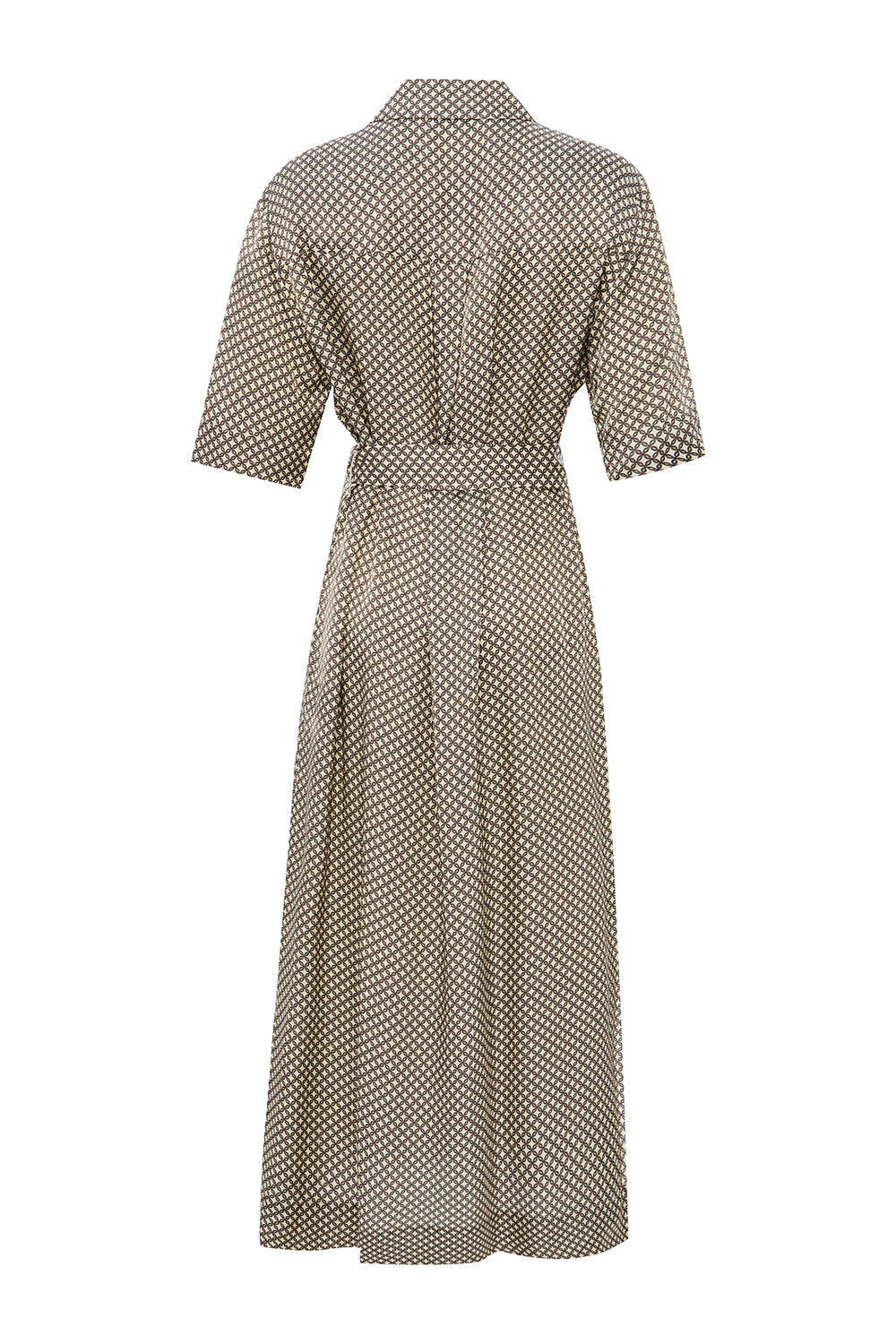 Exquise-Kuşaklı Desenli Gömlek Yaka Kısa Kollu Regular Midi Elbise-ELBİSE-8-Milagron.com