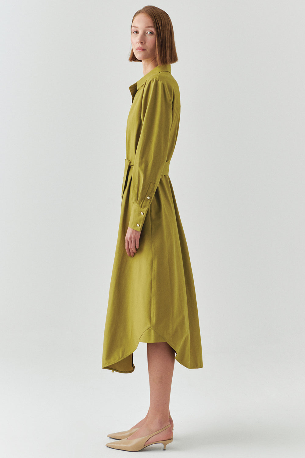 Exquise-Kuşaklı Gömlek Yaka Uzun Kollu Midi Regular Yeşil Elbise-ELBİSE-3-Milagron.com