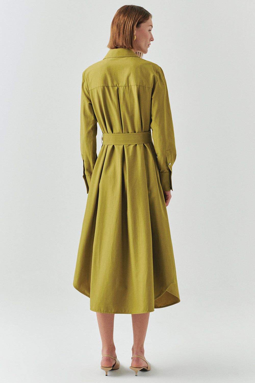 Exquise-Kuşaklı Gömlek Yaka Uzun Kollu Midi Regular Yeşil Elbise-ELBİSE-4-Milagron.com