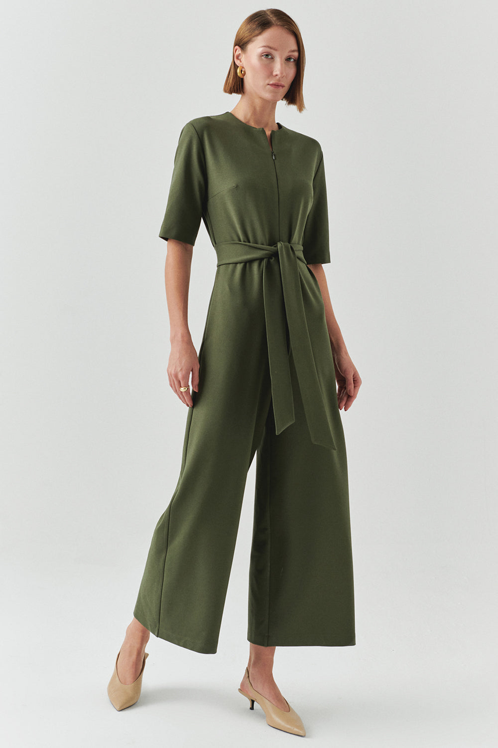 Exquise-Kuşaklı Kısa Kollu Fermuar Kapamalı örme Slim Fit Haki Tulum-TULUM-1-Milagron.com