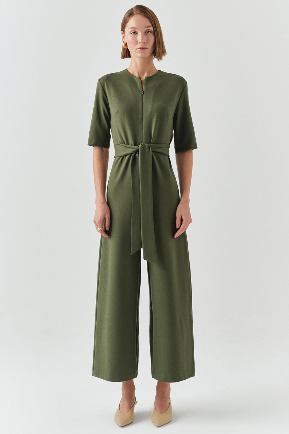 Exquise-Kuşaklı Kısa Kollu Fermuar Kapamalı örme Slim Fit Haki Tulum-TULUM-2-Milagron.com