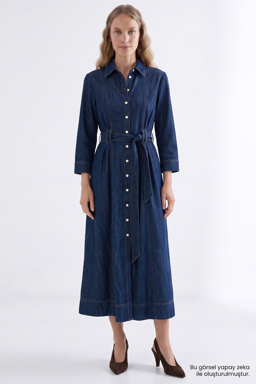 Exquise-Uzun Kollu Kuşaklı Regular Midi Denim Gömlek İNdigo Elbise-Elbise-3-Milagron.com