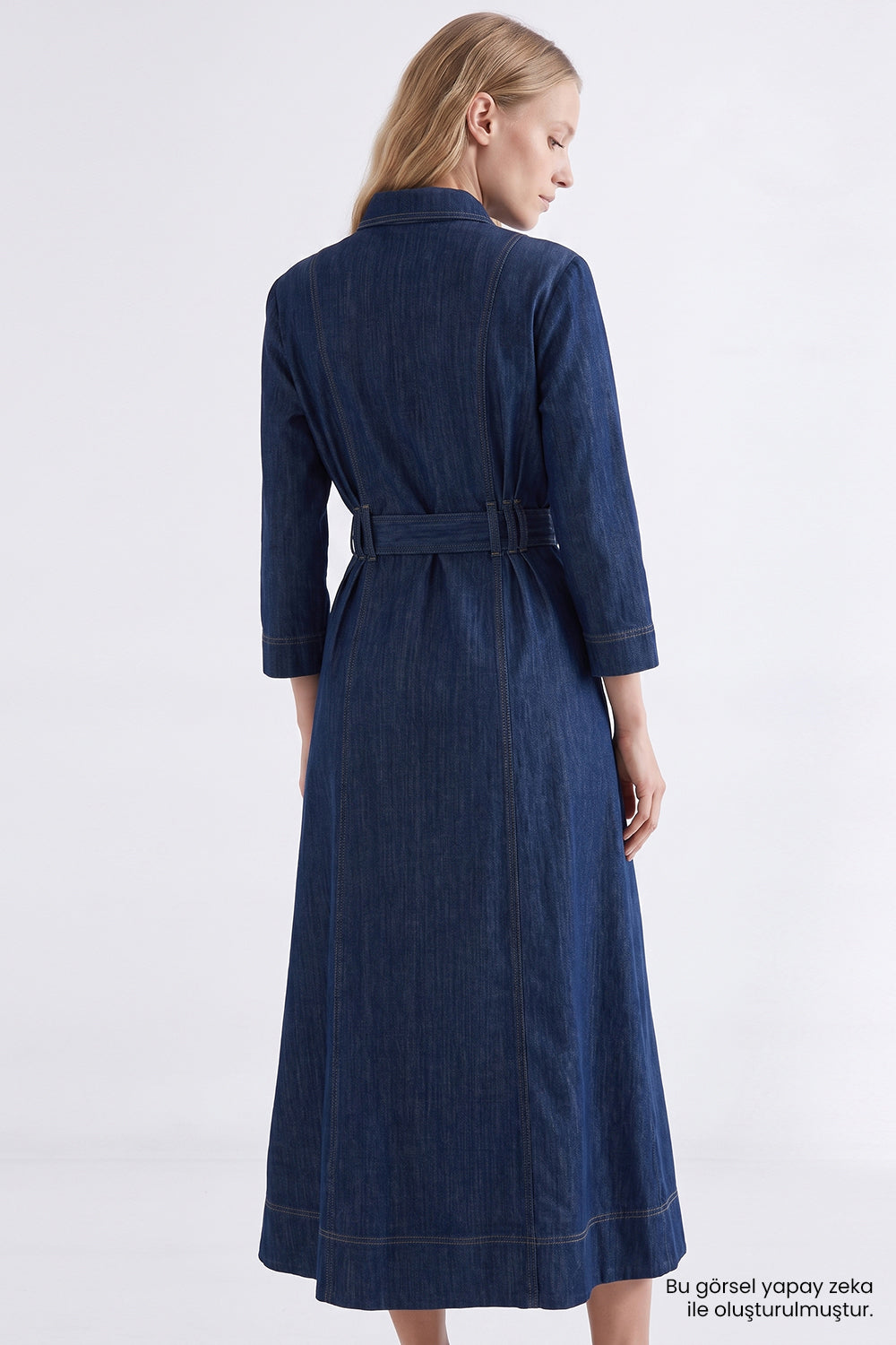Exquise-Uzun Kollu Kuşaklı Regular Midi Denim Gömlek İNdigo Elbise-Elbise-7-Milagron.com