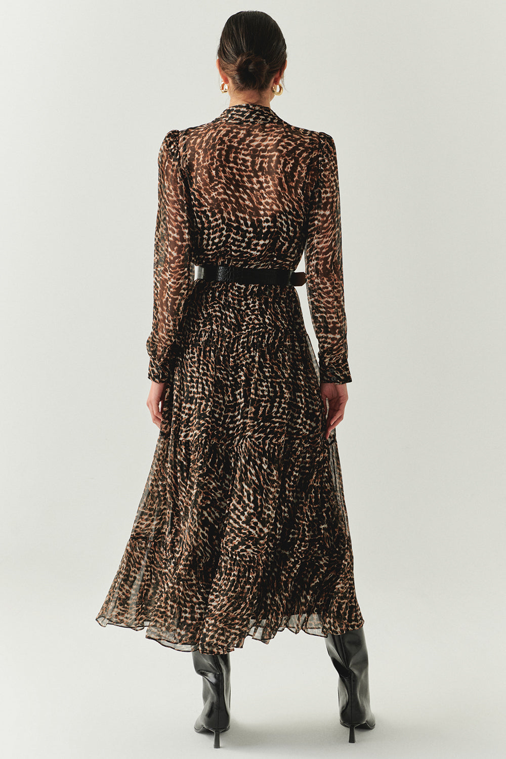 Exquise-Leopar Desen Uzun Kollu Kemerli Astarlı Regular Midi Elbise-ELBİSE-4-Milagron.com