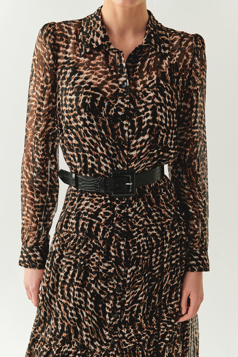 Exquise-Leopar Desen Uzun Kollu Kemerli Astarlı Regular Midi Elbise-ELBİSE-5-Milagron.com