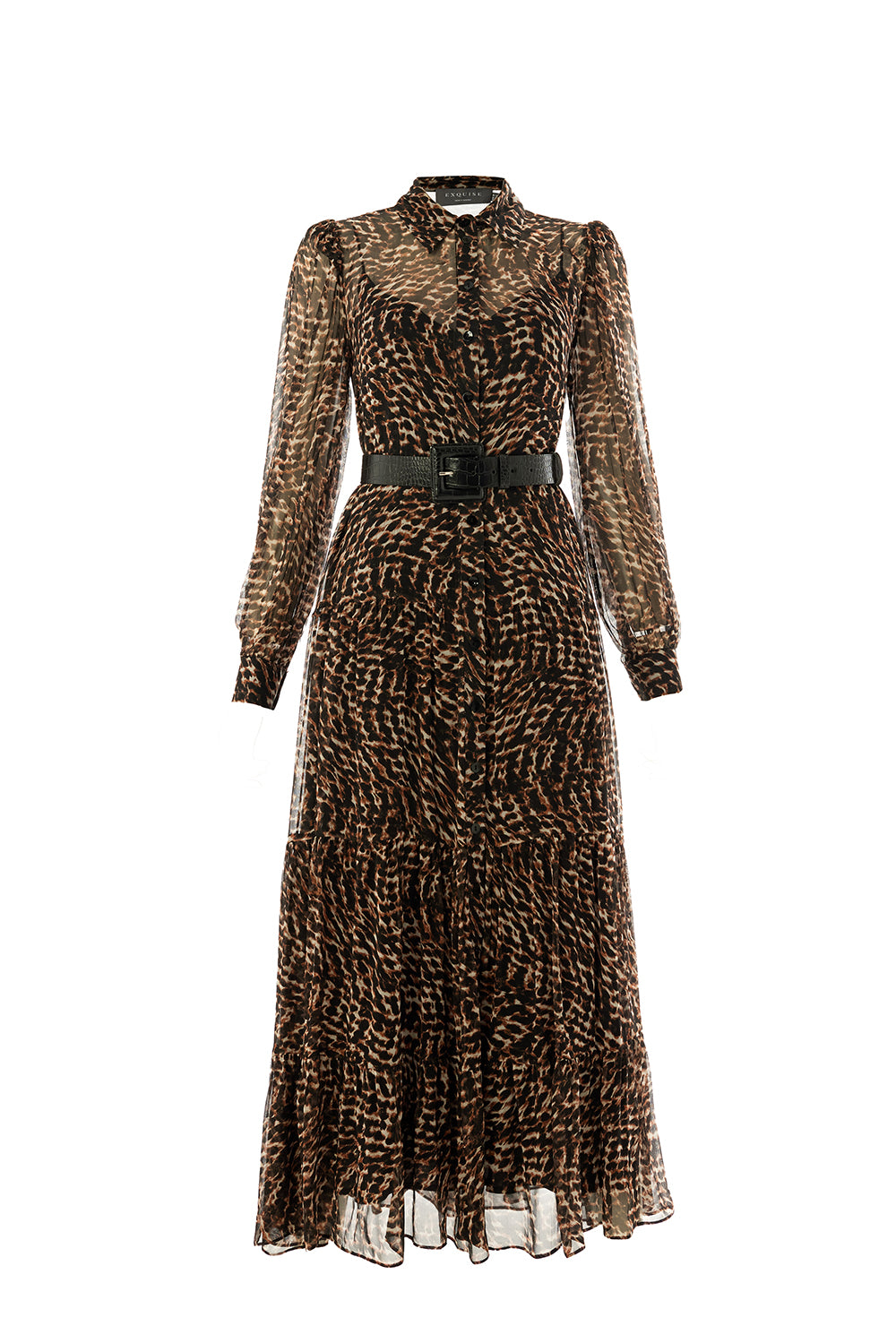 Exquise-Leopar Desen Uzun Kollu Kemerli Astarlı Regular Midi Elbise-ELBİSE-6-Milagron.com