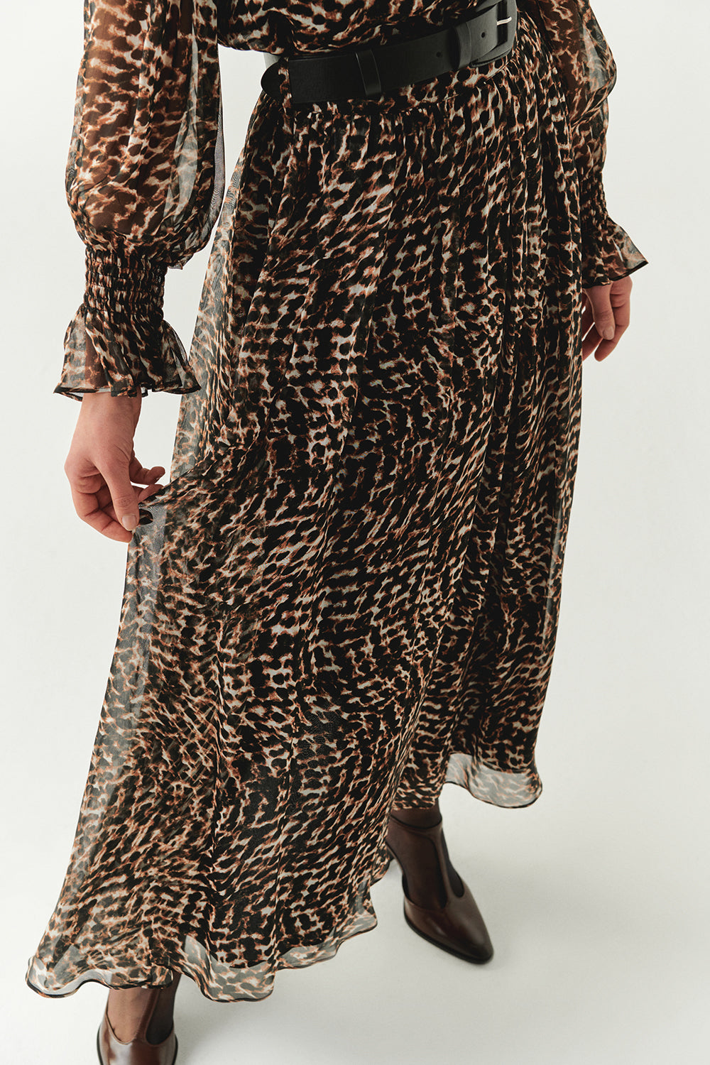 Exquise-Leopar Desenli Astarlı Kemerli Regular Midi Etek-ETEK-5-Milagron.com