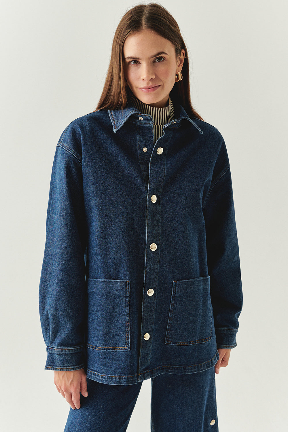 Exquise-Metal Düğme Detaylı Regular Cepli Denim İndigo Ceket-CEKET-1-Milagron.com