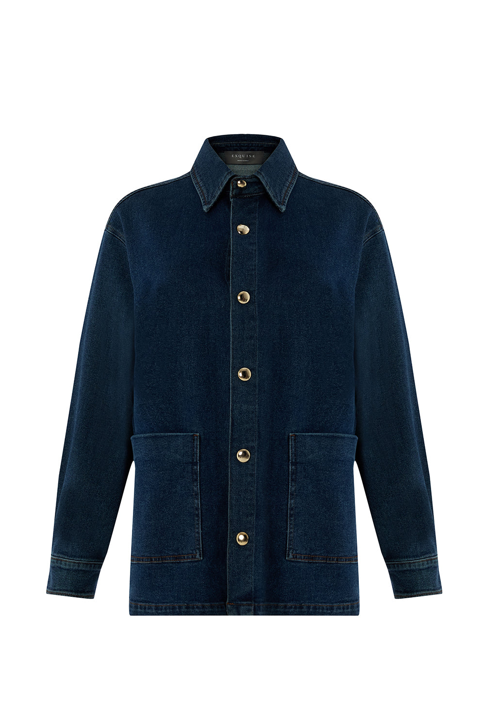 Exquise-Metal Düğme Detaylı Regular Cepli Denim İndigo Ceket-CEKET-6-Milagron.com