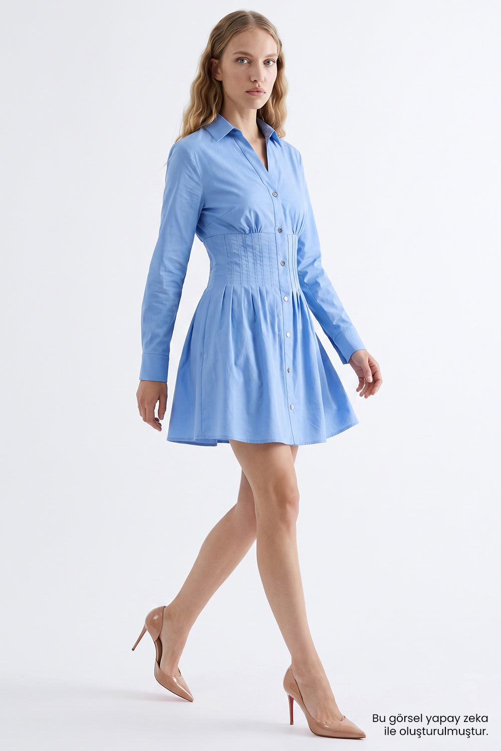 Exquise-Metal Düğmeli Slim Fit Mini Elbise – Mavi̇-Elbise-1-Milagron.com