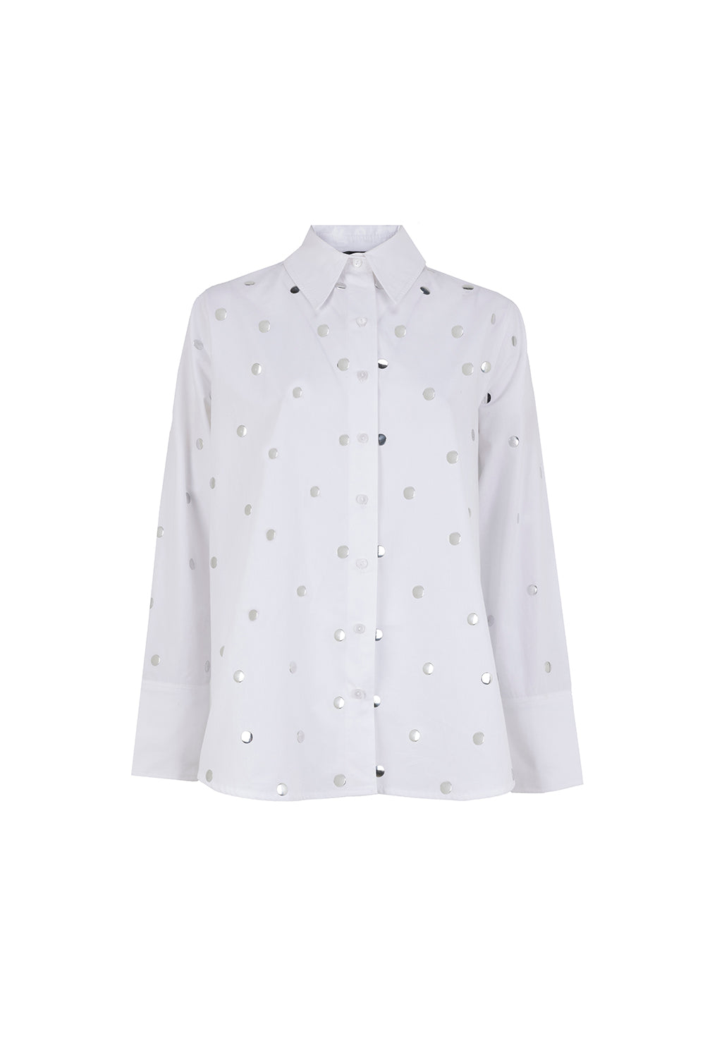 Exquise-Metal Pullu Düğmeli Uzun Kol Oversize Ekru Gömlek-GÖMLEK-7-Milagron.com