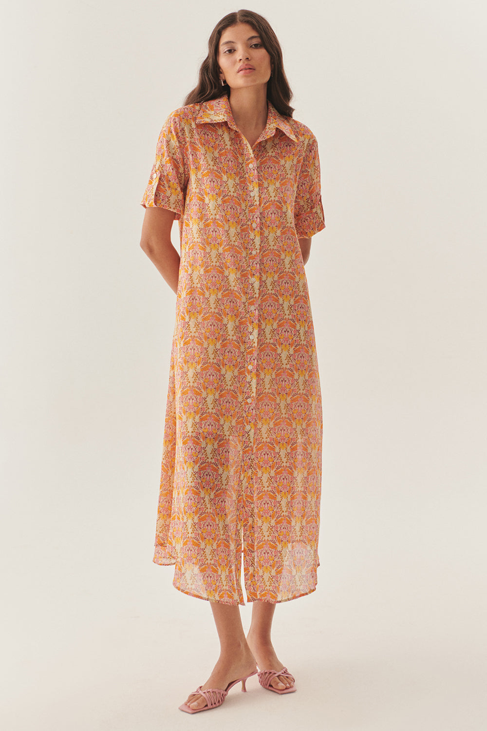 Exquise-Midi Boy çiçek Desenli Gömlek Elbise-ELBİSE-1-Milagron.com