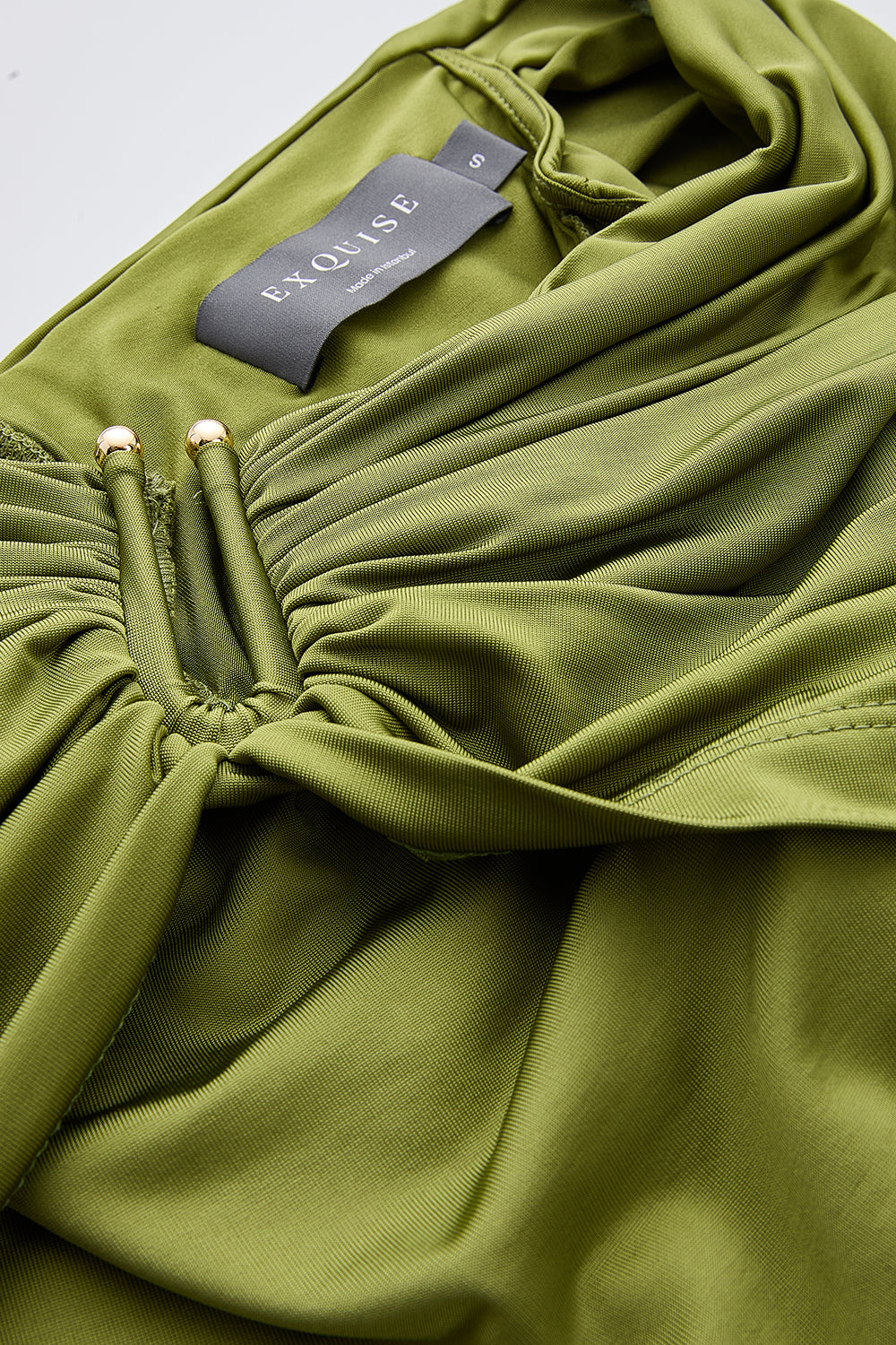 Omuzları Açık Metal Tokalı Slim Fit Örme Haki Bluz